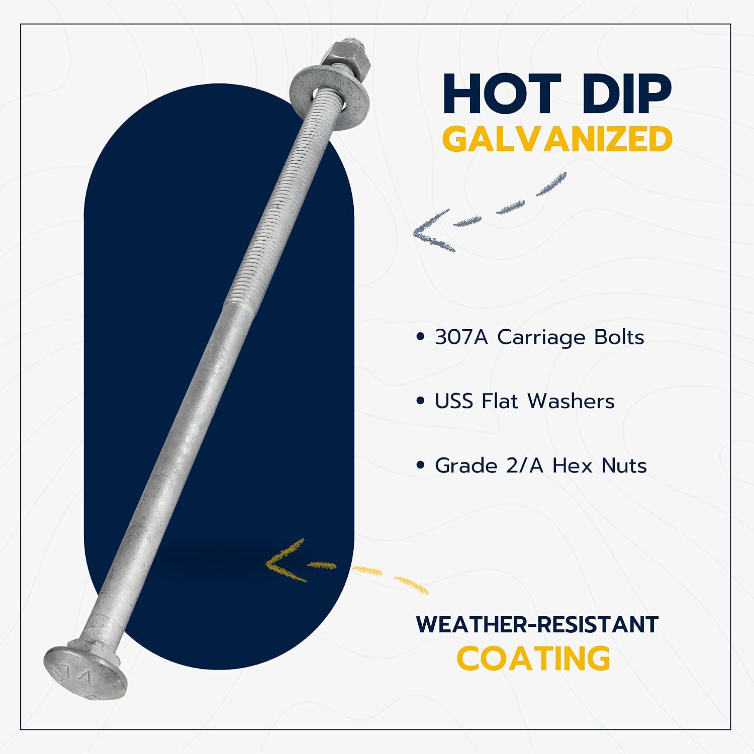 1/2' x 16' (25 Pack) Galvanized Carriage Bolt Kit Grade 307A Includes 1/2' USS Flat Washers (25 pcs) and 1/2'-13 Hex Nuts (25 pcs), Hot Dip Galvanized for Exterior Use by Makers Bolt