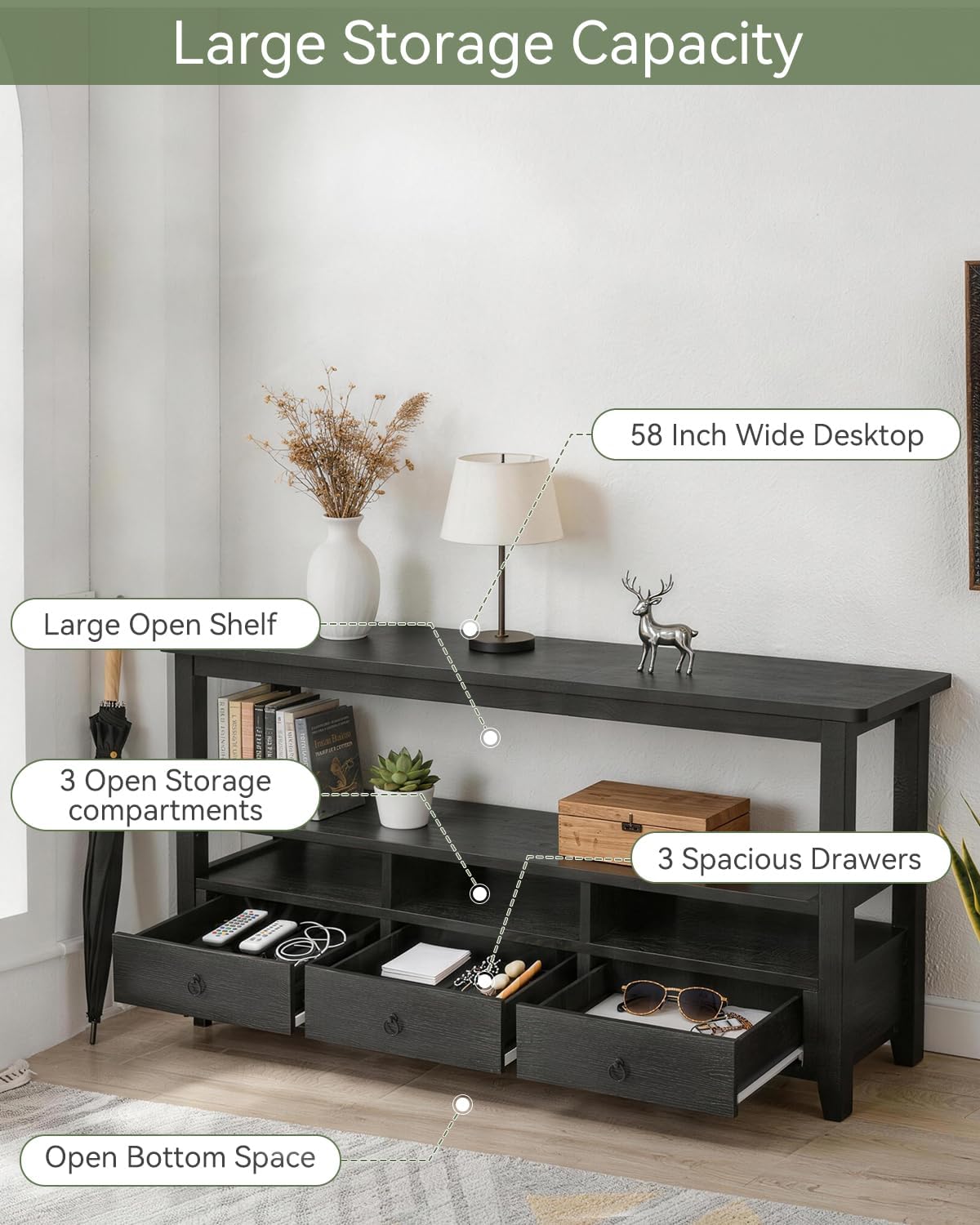Karl home Console Table with 3 Bottom Drawers, 57.9' W Sofa Side Table Entryway Desk with 3 Storage Cubbies 1 Open Shelf, Vintage TV Stand for Hallway Living Room Office, Black 29.9' H