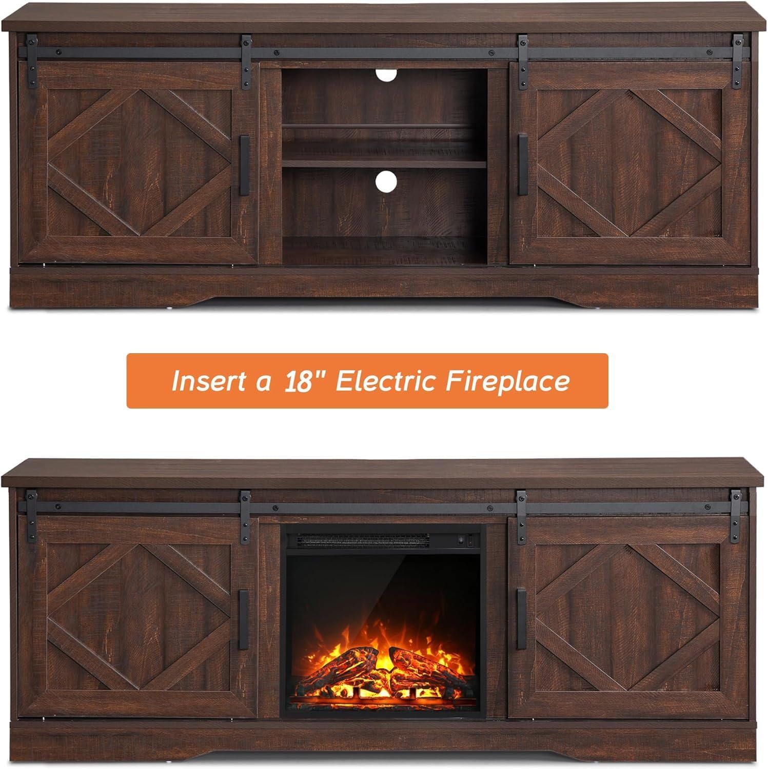 WAMPAT Modern Farmhouse 3 in 1 TV Stand for up to 95' TVs,Wood Media TV Console Table with Storage Cabinets and Sliding Barn Doors,Entertainment Center for Living Room Bedroom,Rustic Brown