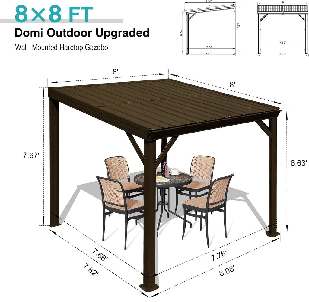Domi 8x8FT Lean to Gazebo, Outdoor Hardtop Wall Mounted Gazebo with Sloping Galvanized Steel Roof, Upgraded Heavy Duty Mounted Shelter with Drainage System for Deck, Porch, Backyard, Brown