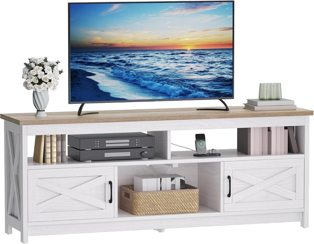 DWVO TV Stand for 75 Inch TV with Power Outlets, Farmhouse Entertainment Center with Storage Cabinets, Rustic TV Cabinet Media Console Table for Living Room, White