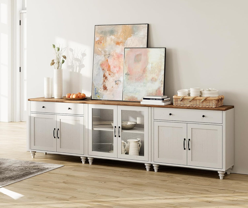 WAMPAT Farmhouse TV Stand for 100 Inch TV, 3-in-1 Wooden TV Console Table for 75/80/85/90 Inch TV, Entertainment Center with Glass Door, Kitchen Sideboard Buffet Cabinet for Dining Room, Off White