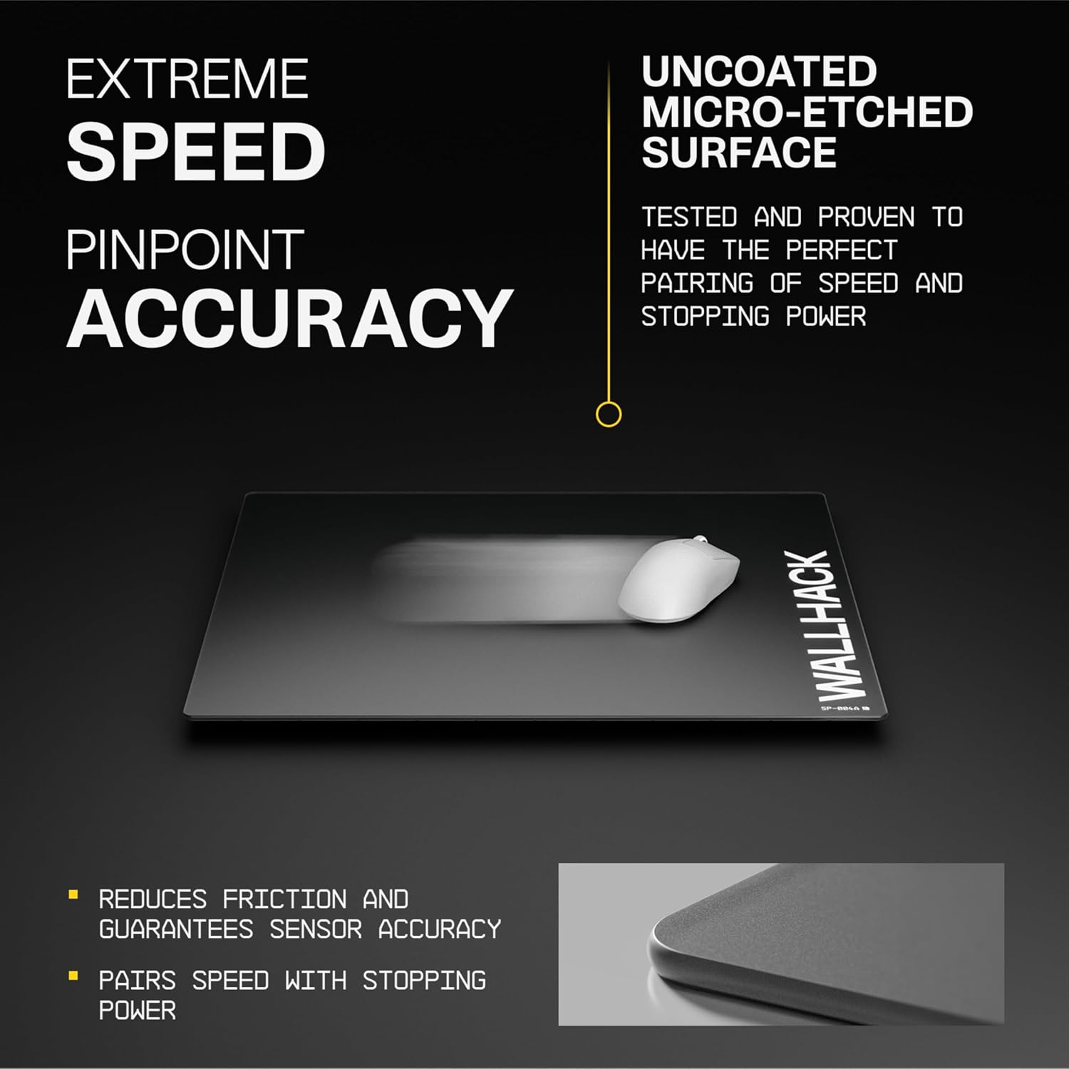 Wallhack SP-004A Black Glass Gaming Mouse Pad – 4th Gen Micro-Etched Surface, Medium Mousepad for Esports, Ultra-Fast Glide with Stopping Power, Tempered Glass, Durable & Portable, 15.4'x17.7' | Black