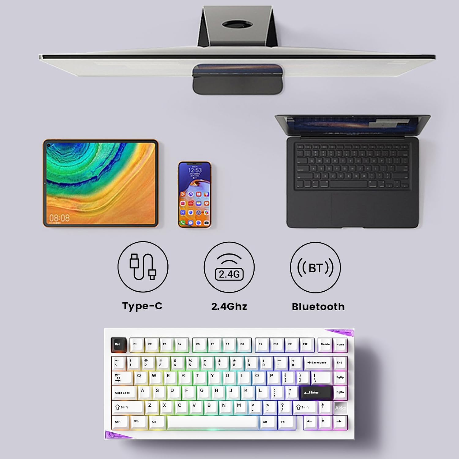 Akko Gem 01 QMK/VIA Aluminum Mechanical Keyboard Tri-Mode RGB Hot-swappable Wireless Gaming Keyboard, Black on White, Pre-lubed Mirror Switch