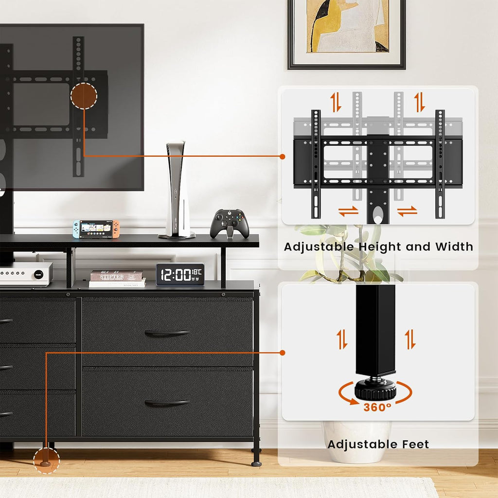 REAHOME TV Stand with Mount, 63' Entertainment Center for 32/45/55/60/65/70 inch TVs, Media Console Table with 7 Drawers, Height Adjustable Mount, Dresser TV Stand for Living Room, Carbon Fiber Black