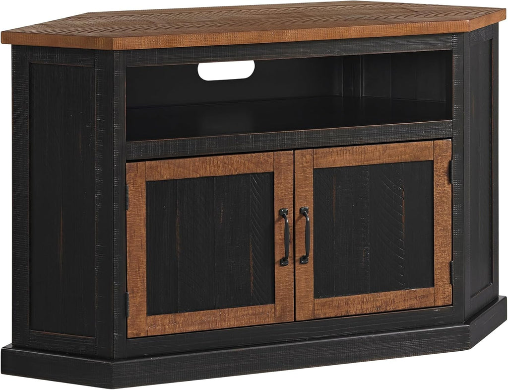 Martin Svensson Home Rustic Solid Wood Corner TV Stand - Black with Honey Top and Doors - Hexagonal Shape and Farmhouse Design Entertainment Center with Shelves Included
