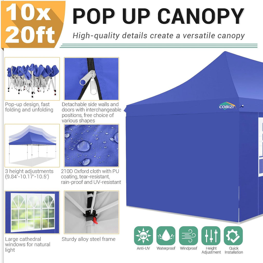 COBIZI 10x20ft Pop Up Canopy Tent with 6 Removable Sidewalls, Easy Up Commercial Canopy, Waterproof and UV50+ Gazebo with Portable Bag, Adjustable Leg Heights,Party Tents for Parties, with 4 Sandbags