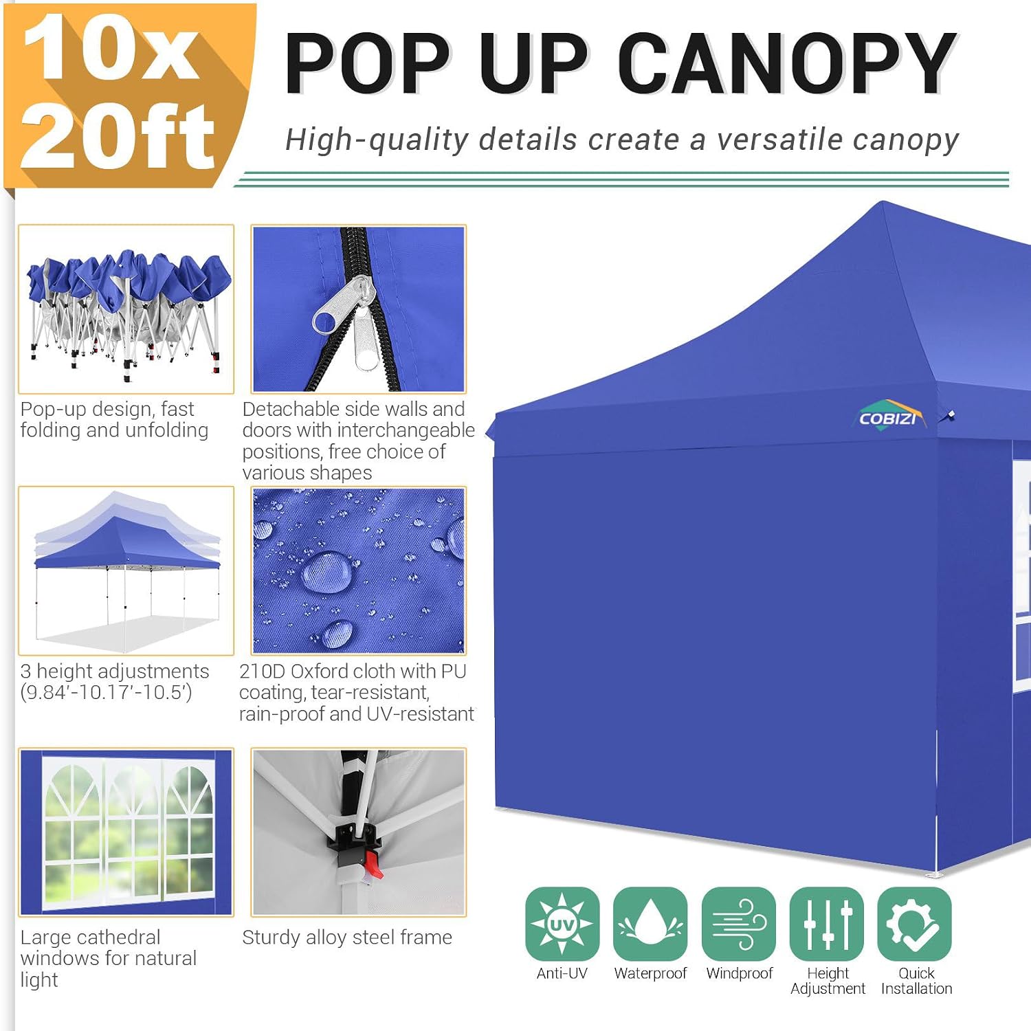 COBIZI 10x20ft Pop Up Canopy Tent with 6 Removable Sidewalls, Easy Up Commercial Canopy, Waterproof and UV50+ Gazebo with Portable Bag, Adjustable Leg Heights,Party Tents for Parties, with 4 Sandbags
