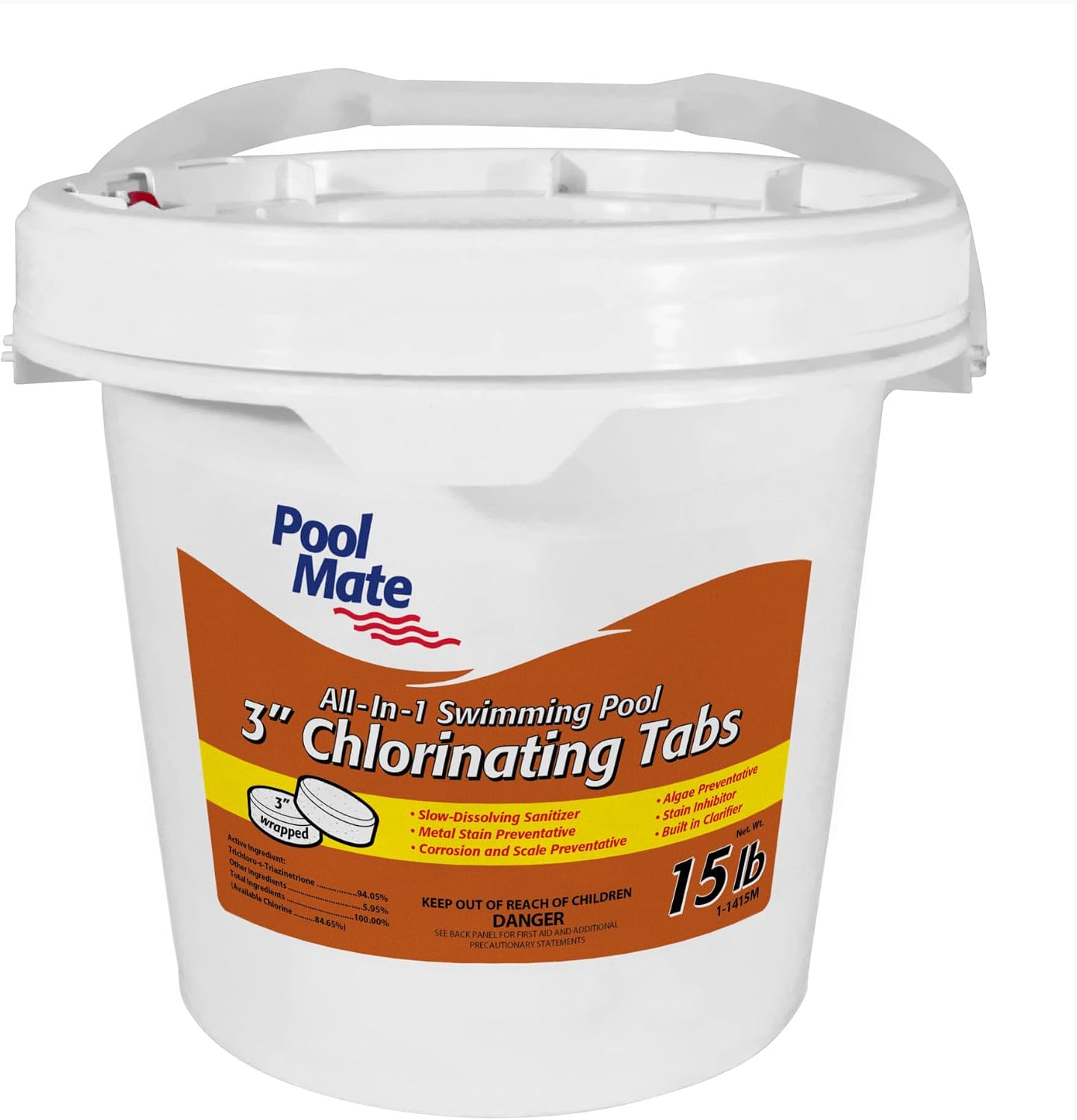 Pool Mate 15-Pounds All-In-1 Swimming Pool 3 Inch Chlorinating Tabs, Chlorine Tablets 3 Inch, Sanitizer, Clarifier, Stain Inhibitor, Algae Control, Descaler, Sunlight Protector All In One, Made In USA