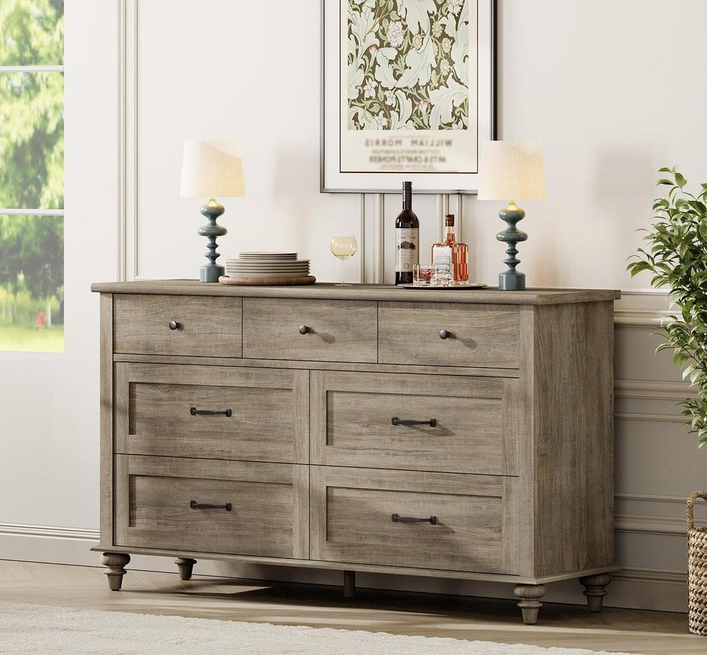 WAMPAT Wide Dresser TV Stand for 65 Inch TV, Light Wood TV Console Table Television Stands with 7 Drawers, Grey Media Storage Cabinet for Living Room Bedroom, 54 Inch