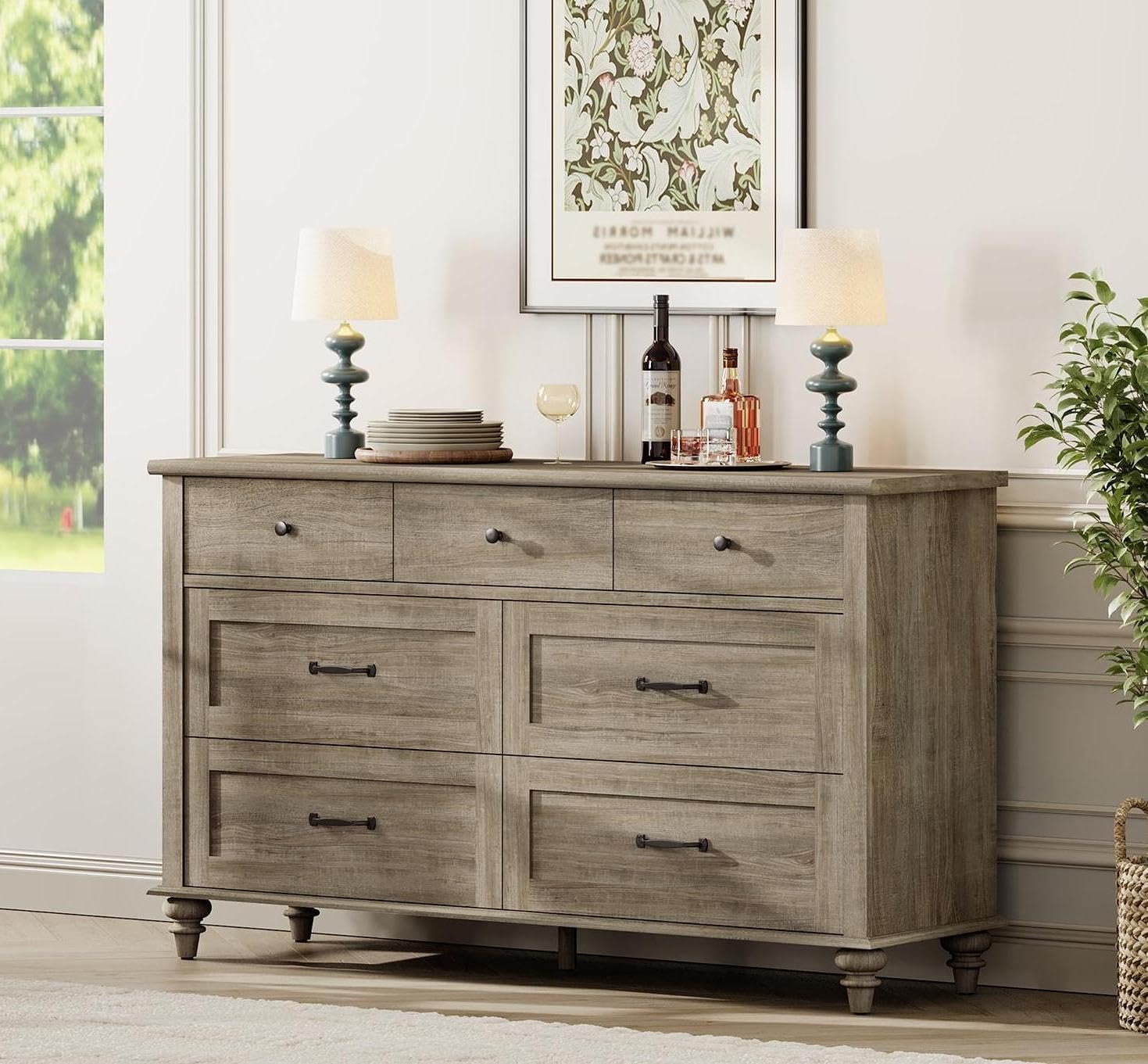 WAMPAT Wide Dresser TV Stand for 65 Inch TV, Light Wood TV Console Table Television Stands with 7 Drawers, Grey Media Storage Cabinet for Living Room Bedroom, 54 Inch
