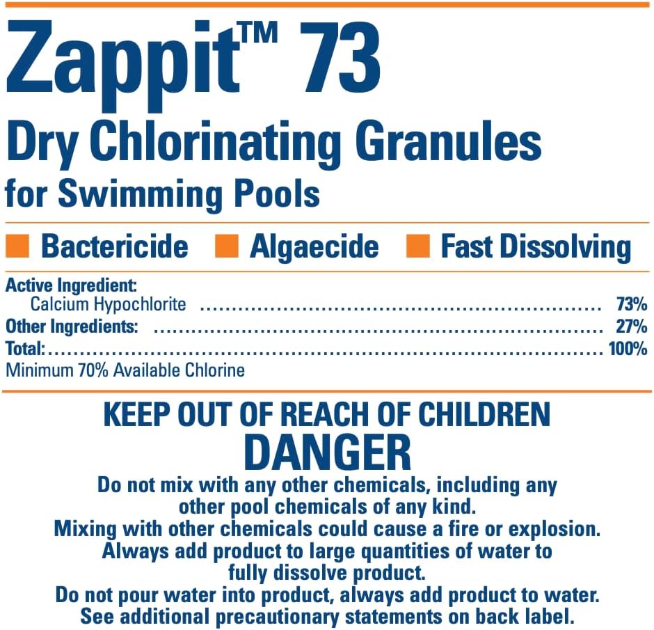 73% Cal-Hypo Dry Chlorinating Granules for Swimming Pool – Bactericide, Algaecide, and Fast Dissolving Shock - Zappit73 25 lb Bucket