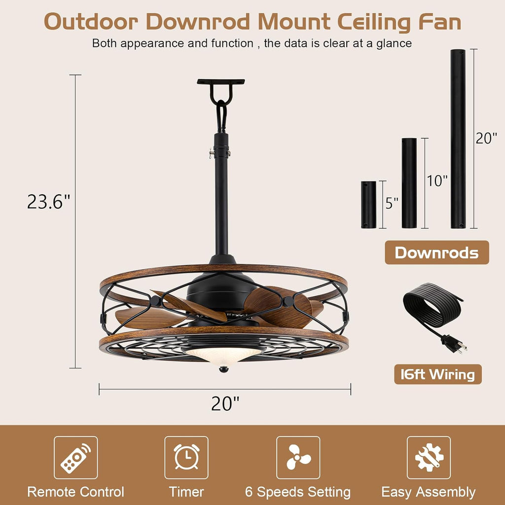 TIFEROR Outdoor Ceiling Fans with Lights and Remote for Patios, 20'' Wet Rated Gazebo Ceiling Fan, Plug in with 3 Color LED Light, Hanging with Hook, Lighting for Pergola Canopy