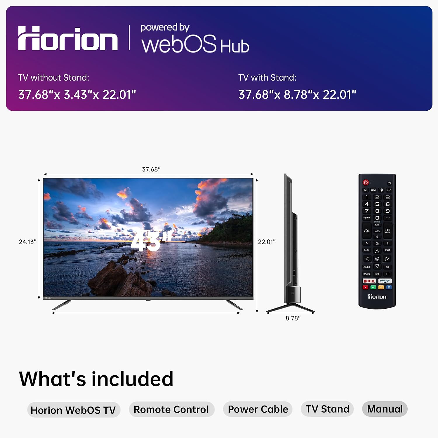 HORION 43 inch Smart TV, 4K UHD LED TV with WebOS 22, Ultra Slim Television with Mega Contrast, HDR10, Dolby Audio - Streaming Live, Bluetooth, Hdmi, WiFi ((P6D Series)