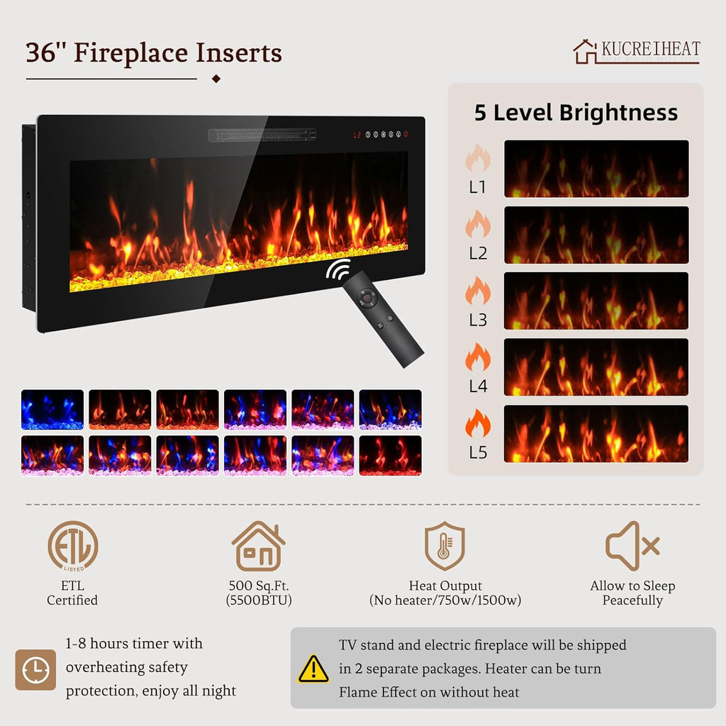 Kucreiheat Fireplace TV Stand for 65-80 inch TV, Large Entertainment Center with Fireplace & LED Lights,High Gloss Living Room Storage Cabinet, Grey, 70''(Crystal)