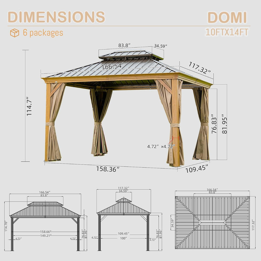 GOWE 10' X 14' Hardtop Gazebo Outdoor Metal Gazebo Canopy with Galvanized Steel Double Roof, Wood Grain Aluminum Frame, Curtains and Netting for Patio, Deck, Garden