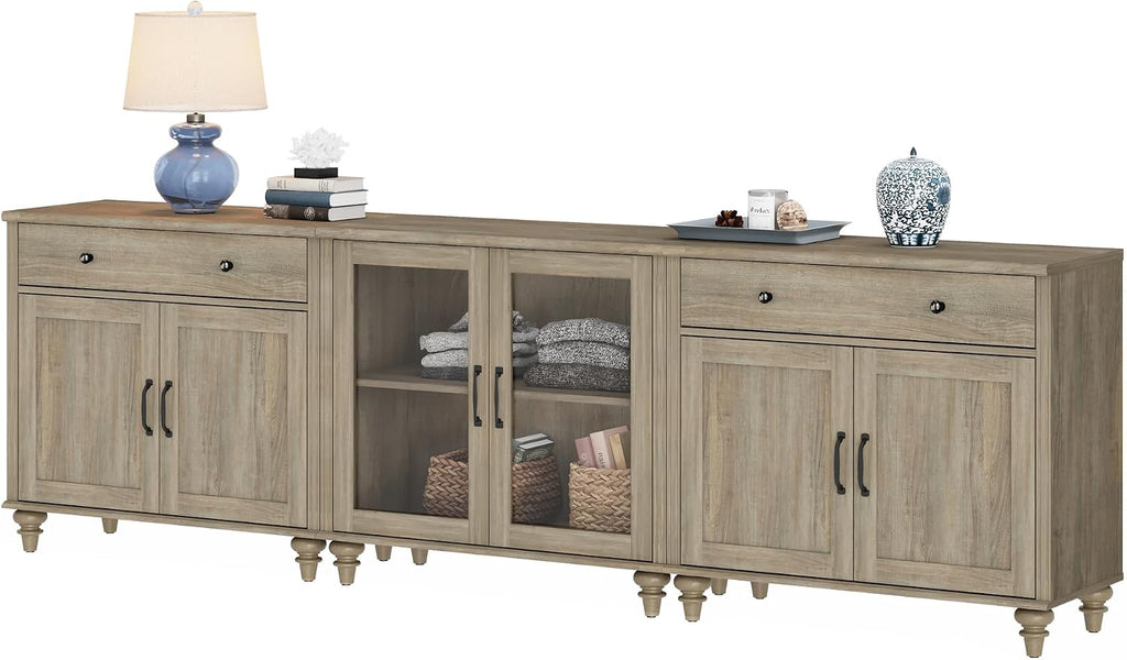 WAMPAT Farmhouse TV Stand for 100 Inch TV, 3-in-1 TV Console Table for 75/80/85/90 Inch TV, Entertainment Center with Glass & Wood Door, Kitchen Sideboard Buffet Cabinet for Dining Room, Wash Grey