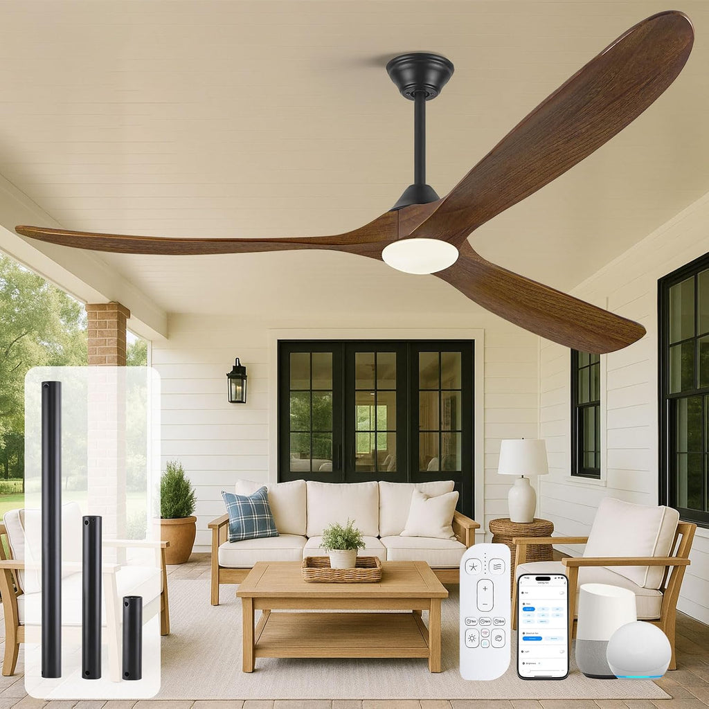 70 Inch Large Outdoor Ceiling Fan with Light, 3 Blades Wood Propeller Ceiling Fan, Modern Smart Remote/APP/Alexa Control, High CFM Quiet DC Fan for Patio Farmhouse Bedroom, 3 CCT Dimmable