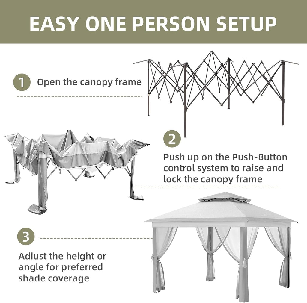 11x11Ft Pop Up Gazebo with Mosquito Netting, Outdoor Heavy Duty Instant Canopy with Sturdy Metal Frame & Double Roofs, Patio Shelter for Backyard, Garden, Lawn, Deck