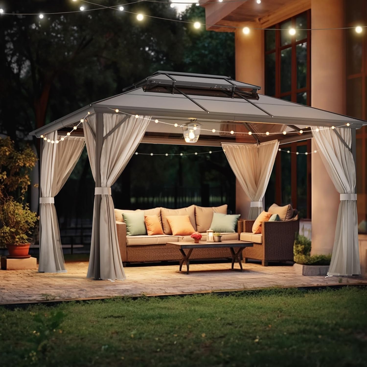 VINGLI 10'x13' Hardtop Gazebo, Aluminum Frame Permanent Pavilion with Curtains and Netting, Outdoor Gazebo, Double Polycarbonate Roof Canopy, for Gardens, Patios, Lawns