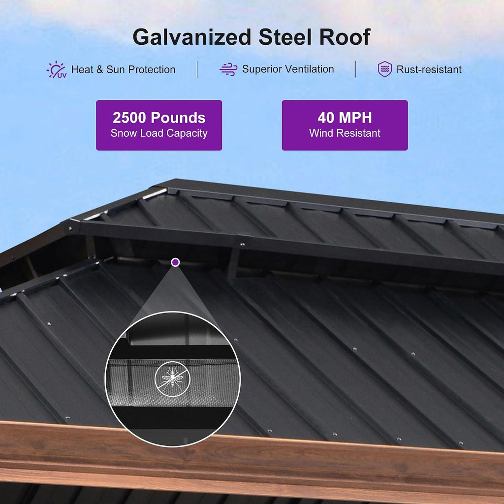 PURPLE LEAF 12' X 24' Outdoor Hardtop Gazebo for Patio Galvanized Steel Double Roof Permanent Canopy Teak Finish Coated Aluminum Frame Pavilion Gazebo with Netting and Black Curtains
