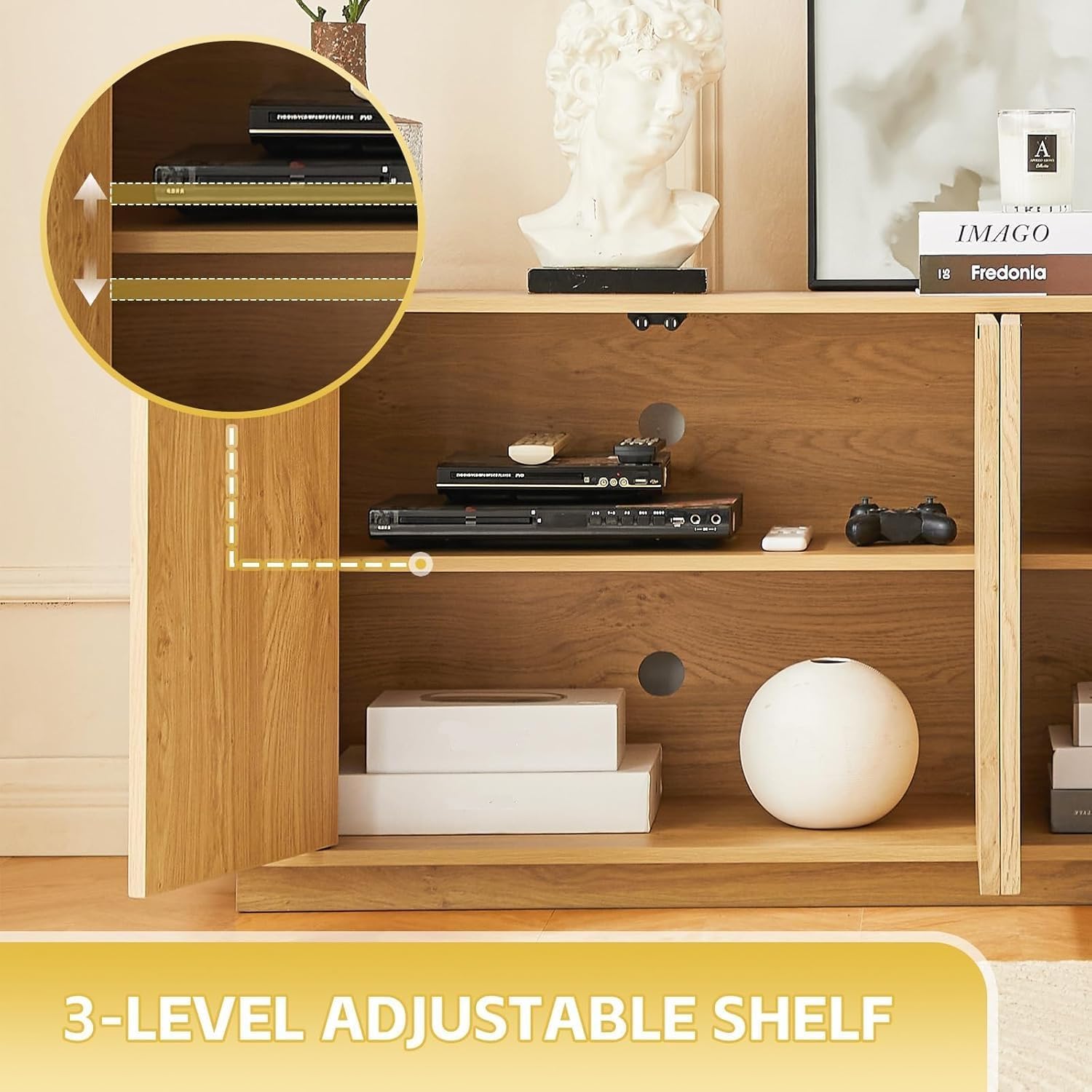 Fluted TV Stand for TVs Up to 75 Inch, Mid Century Modern TV Console for Living Room, Entertainment Center with Storage, Wood Media Console Cabinet with Rounded Corner