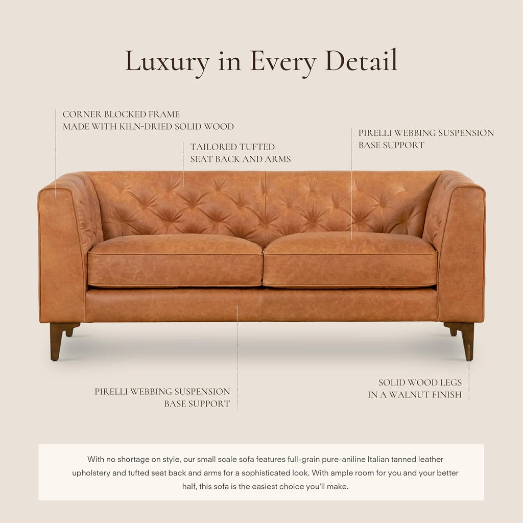 Poly & BARK Essex 74' Leather Apartment Sofa – Mid-Century Tufted Design, Full-Grain Italian Leather, Feather-Down Cushions, Cognac Tan