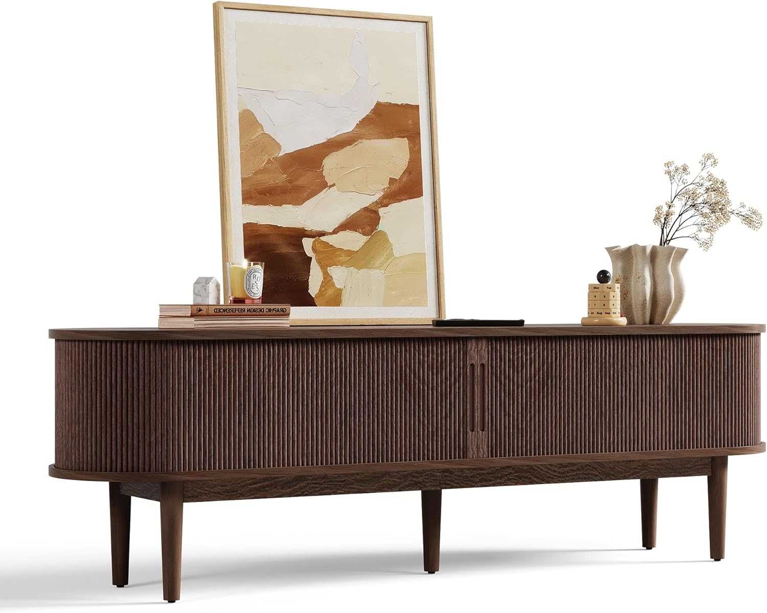 LINSY HOME Fluted TV Stand for 75' TV, Mid-Century Modern 70' Entertainment Center with Sliding Tambour Door and Storage Cabinet, Cruved TV Media Console Table for Living Room, Bedroom, Walnut