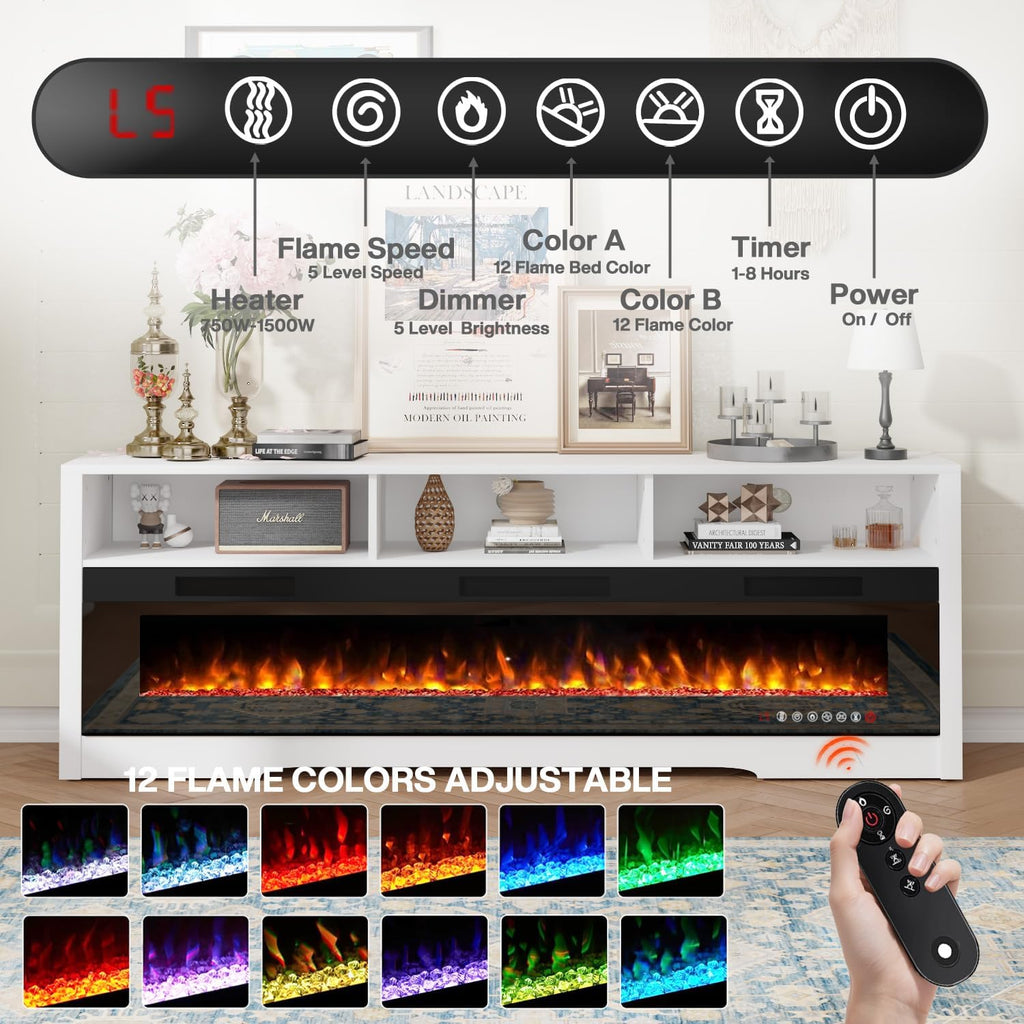 PRETZI 65' Fireplace TV Stand with 60' Glass Electric Fireplace for TVs Up to 75 inch, Modern Fireplace Entertainment Center with Open Storage Shelf, Media Console TV Cabinet for Living Room, White