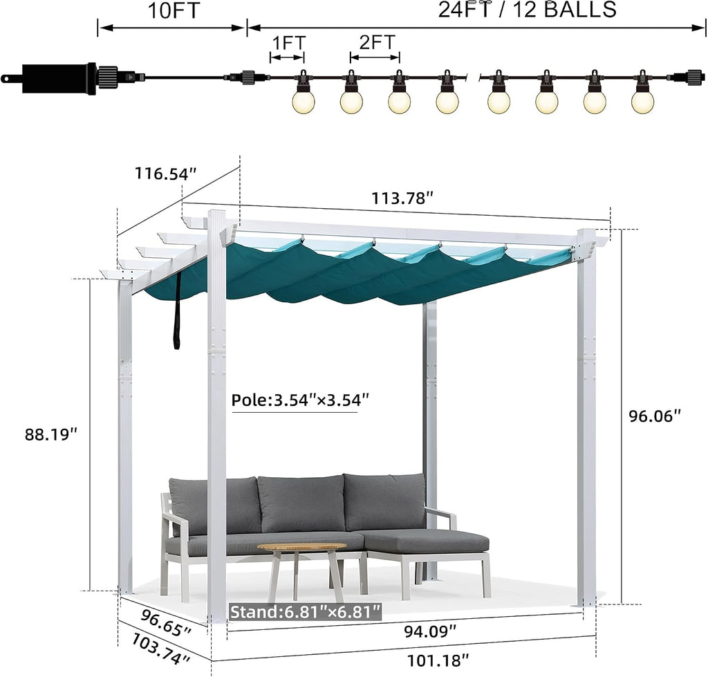 PURPLE LEAF Pergola Retractable Canopy White Patio Metal 10'X 10' Pergola for Backyard Deck Garden, Turquoise Blue