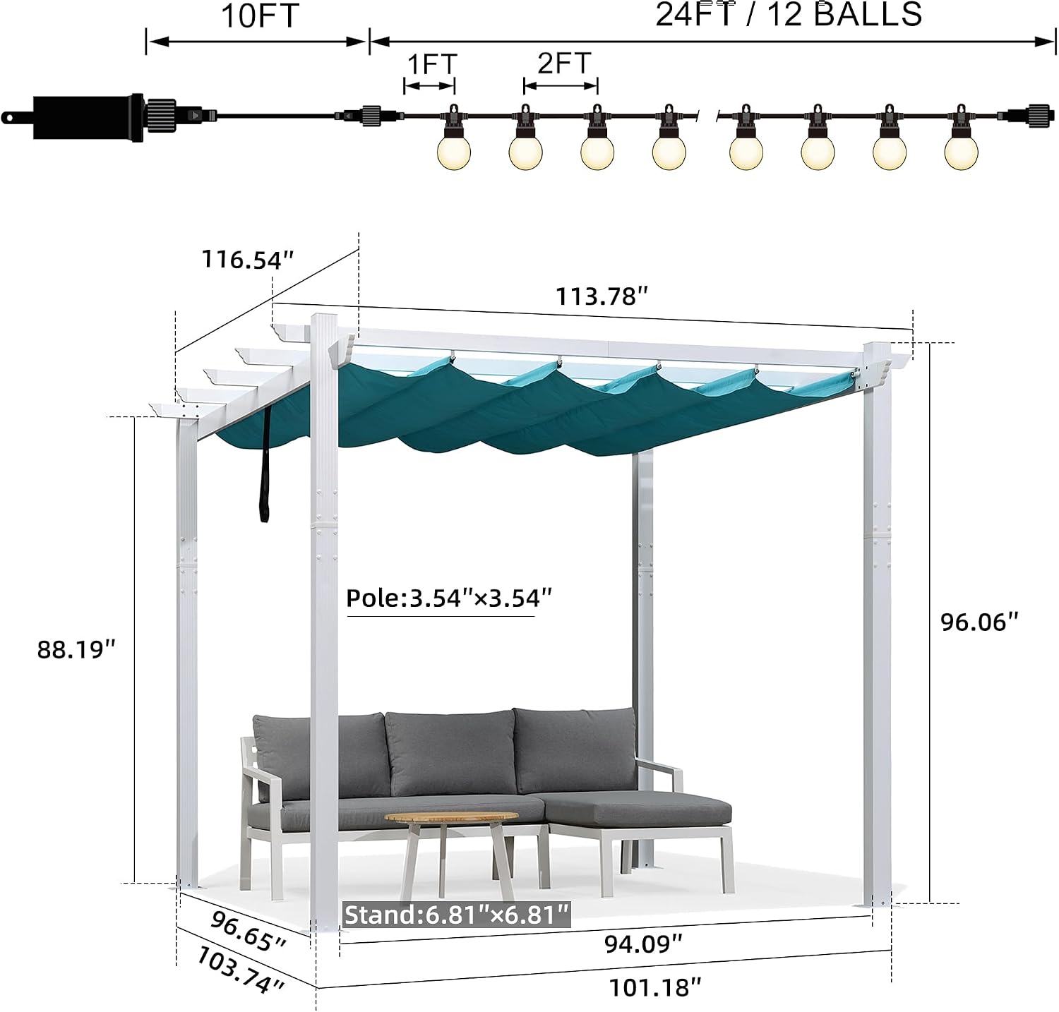 PURPLE LEAF Pergola Retractable Canopy White Patio Metal 10'X 10' Pergola for Backyard Deck Garden, Turquoise Blue
