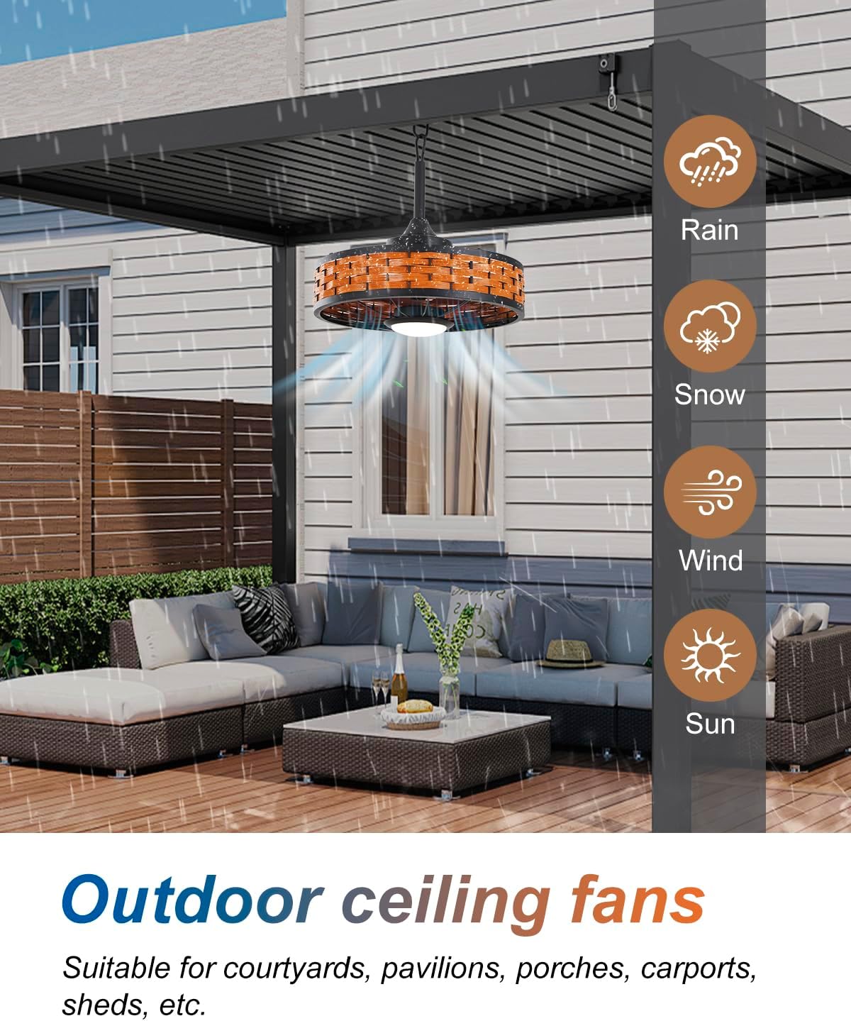 Outdoor Ceiling Fans with Light for Patios, 20' Weatherproof Gazebo Fan with Hanging Hook, Remote Control & APP, 6 Speeds, 3CCT, Caged Plug in Ceiling Fan for Patio