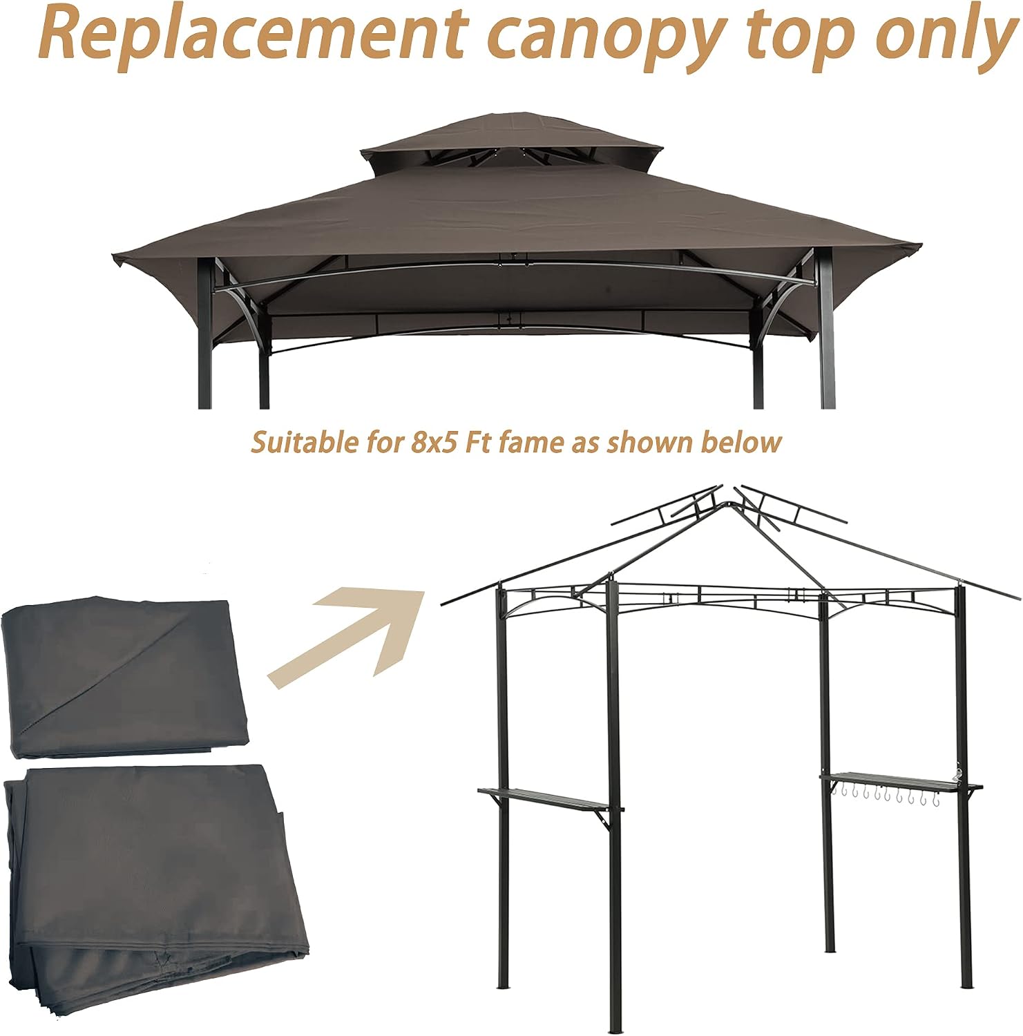 Replacement Canopy for 8x5 FT Grill Gazebo, Double Tiered BBQ Tent Roof Cover Only, UV & Water Repellent Polyester Fabric (Brown)