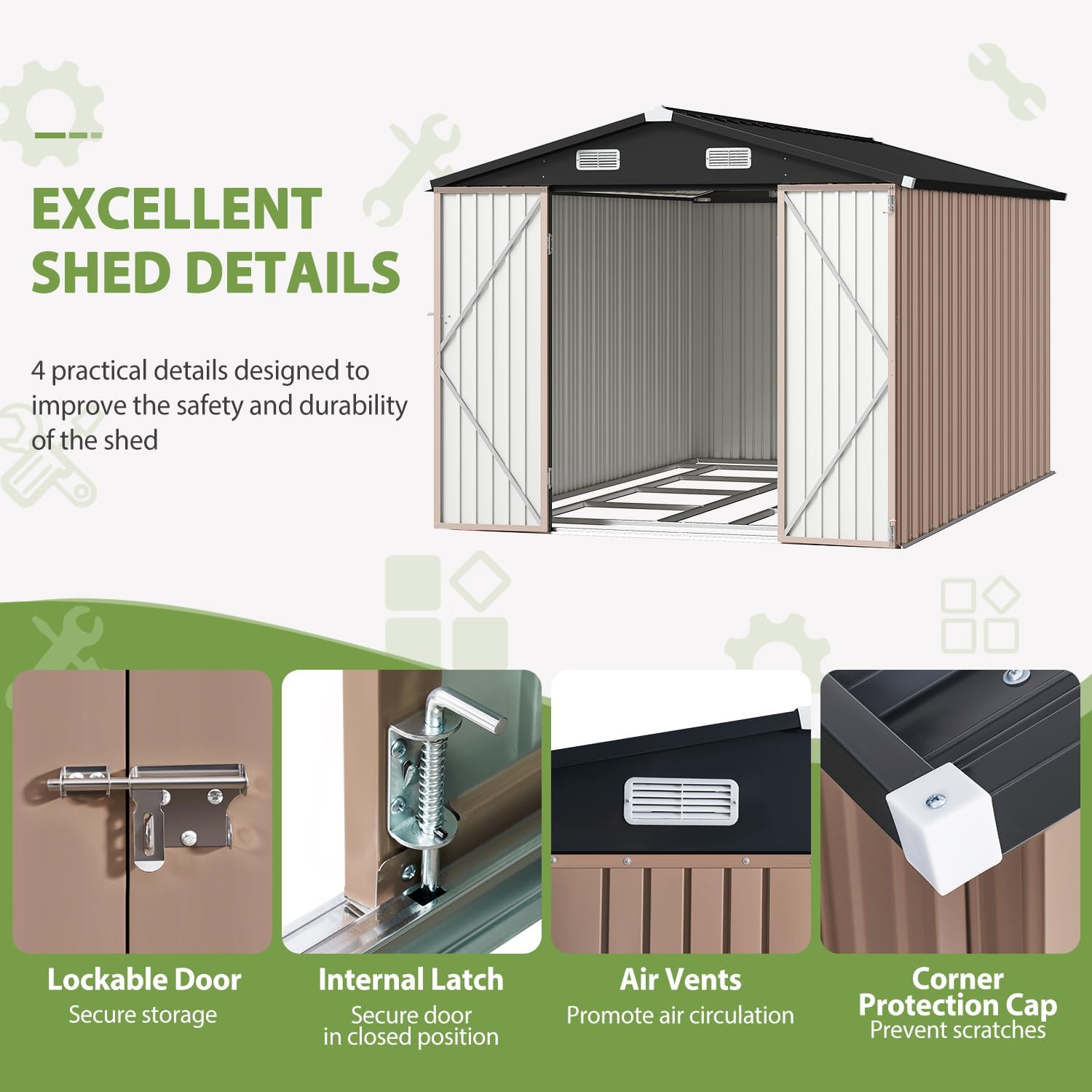 8x12FT A-Frame Metal Shed with Base Included, Brown Outdoor Tool Storage Building, Durable and Weather-Resistant, Perfect for Backyard, Garden, or Lawn