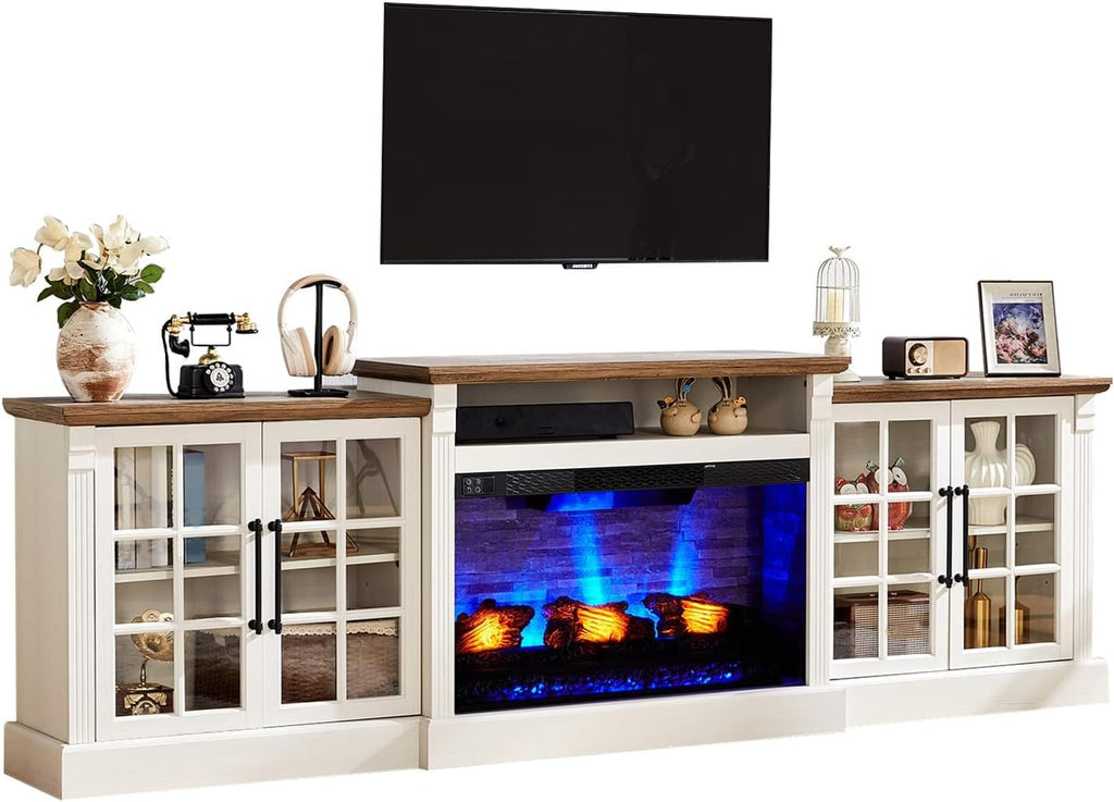 AMERLIFE 97' Farmhouse Fireplace TV Stand, Entertainment Center with Large Storage Space and Adjustable Shelf, Media Console for Living Room, White/Barnwood
