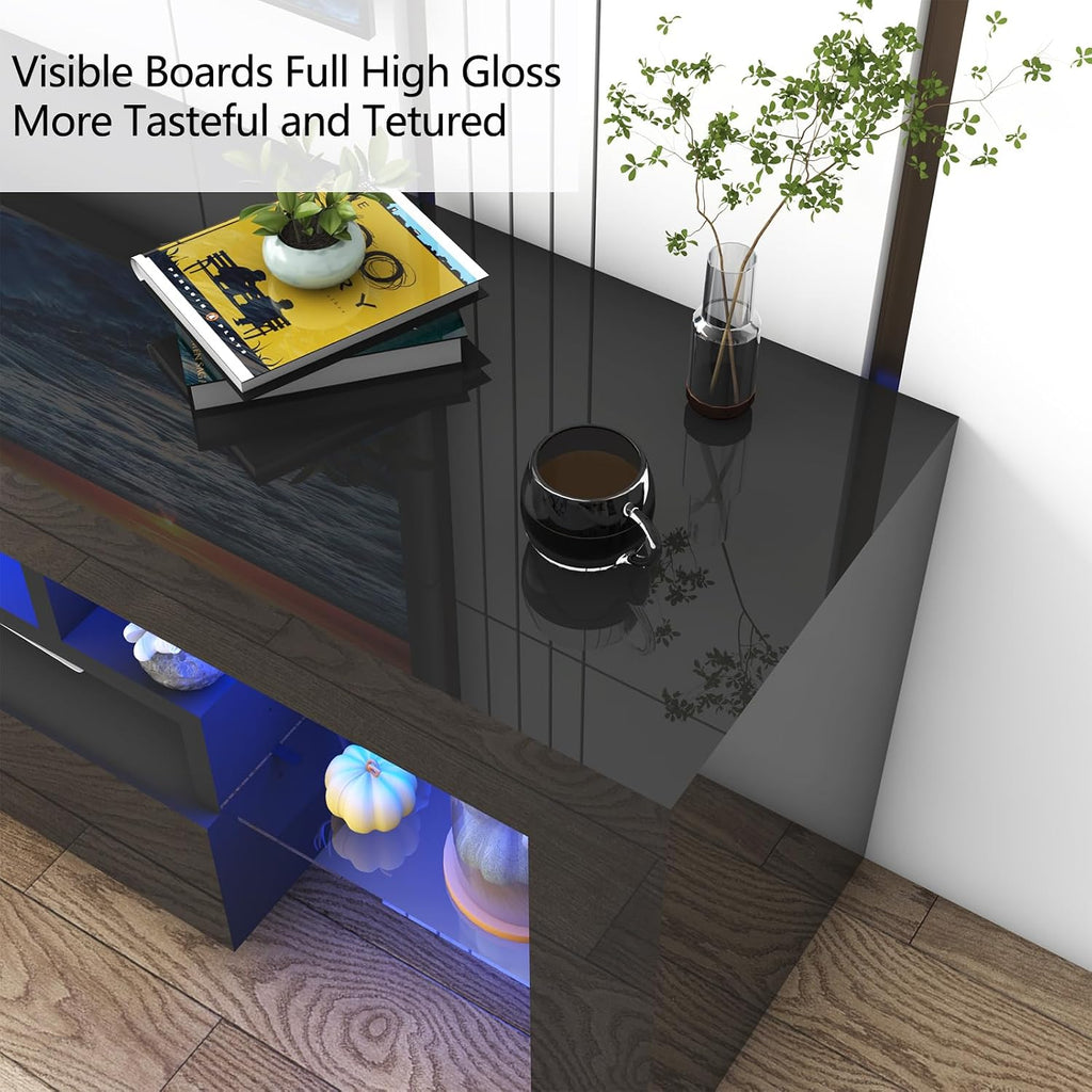 Vinctik 6&Fox Black TV Stand for 55/60/65inch TV,Modern Entertainment Center with 2 Storage Drawers and LED Light, High Glossy TV Console Table Media Furniture(63inch Black)