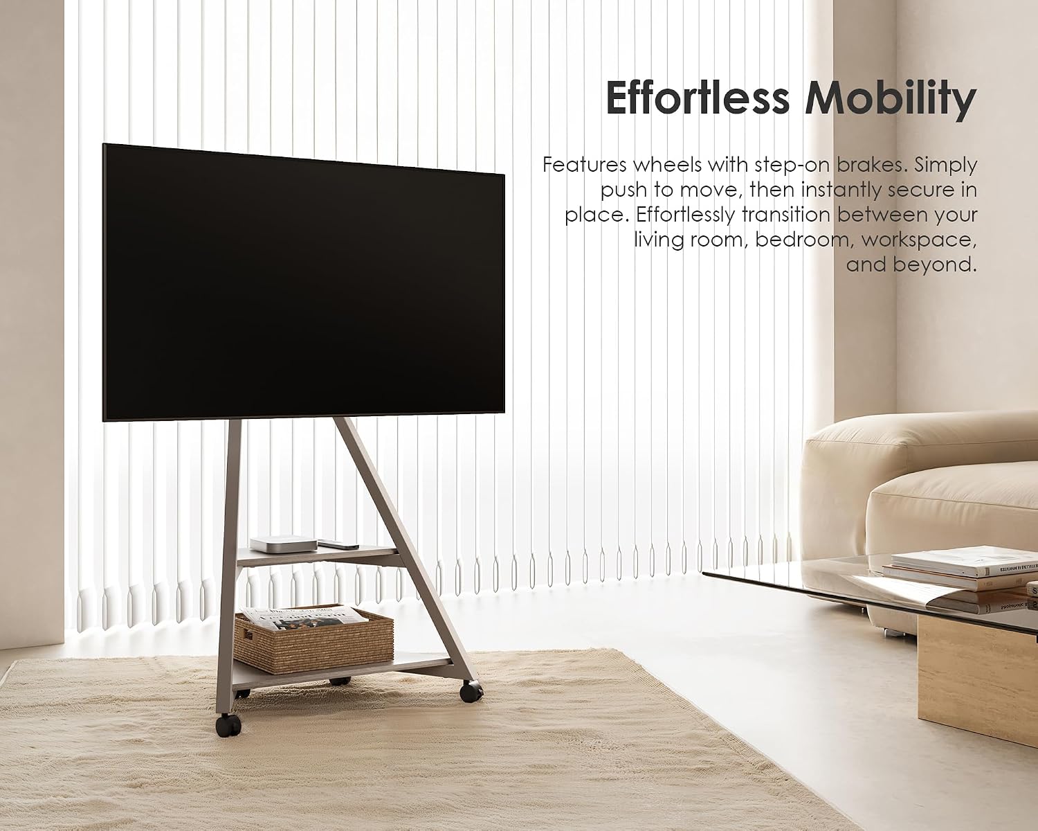 FITUEYES Design Corner TV Stand for 32 43 50 55 65 Inch TVs, Small Spaces Floor TV Stand Rolling TV Cart for LCD/LED Flat Curved Screens, Modern Living Room TV Stands, Eiffel Series, Morandi Grey