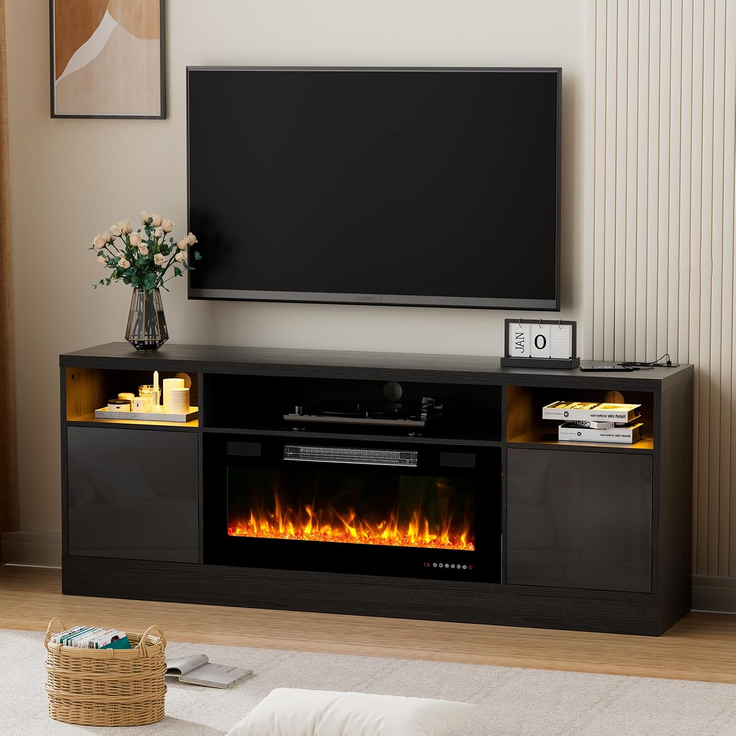 Kucreiheat Fireplace TV Stand for 65-80 inch TV, Large Entertainment Center with Fireplace,Power Outlet & LED Lights,High Gloss Living Room Storage Cabinet, 70''(High)