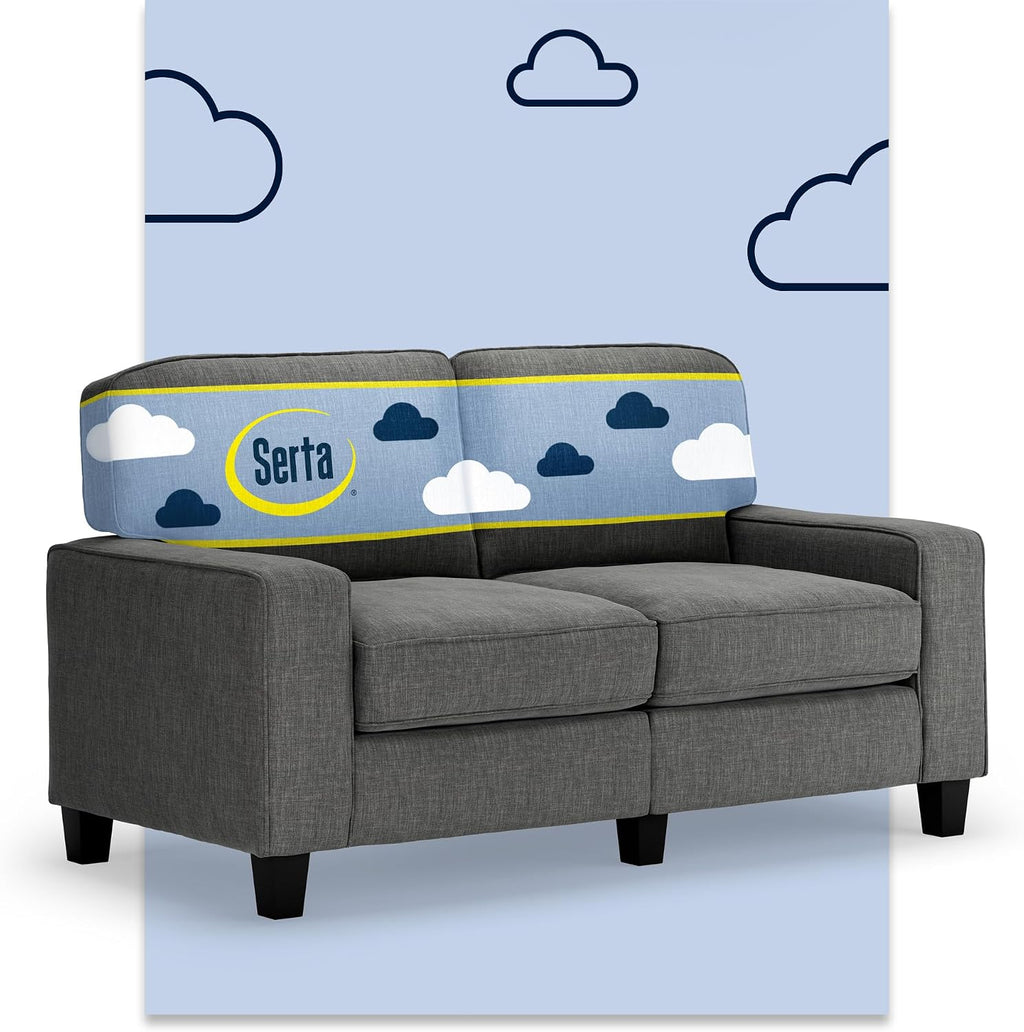 Serta Palisades 61' Track Arm Sofa, Easy Care Polyester, Soft Pillow Back, Pocket Coil Seat Cushions, Removable Covers, Loveseat or Couch for Small Spaces, Living Rooms or Bedrooms, Gray