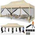 COBIZI 10x20 Heavy Duty Pop Up Canopy Tent with 6 Sidewalls, Easy Set Up Outdoor Waterproof Screen Commercial Party Tent with Mosquito Netting for Parties Backyard Patio, Roller Bag, Khaki