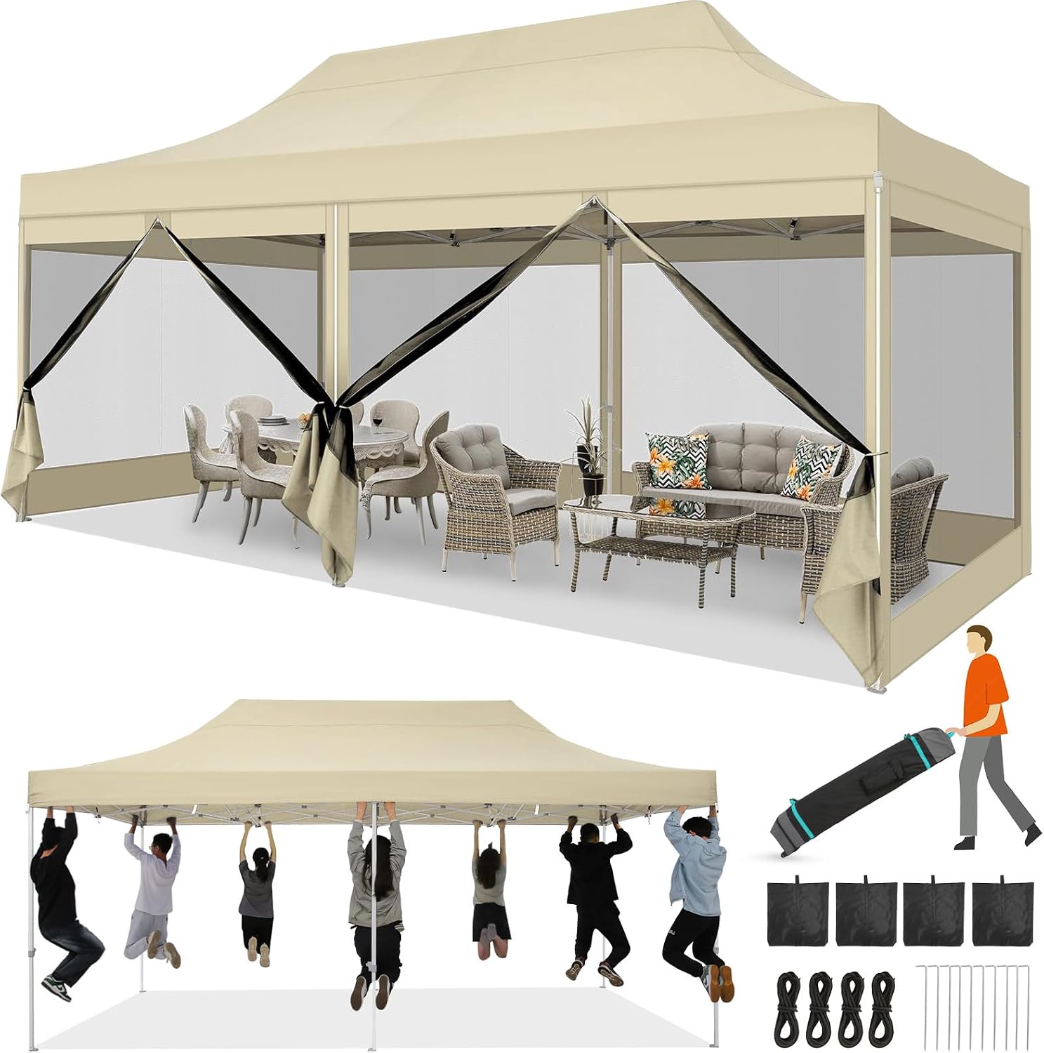 COBIZI 10x20 Heavy Duty Pop Up Canopy Tent with 6 Sidewalls, Easy Set Up Outdoor Waterproof Screen Commercial Party Tent with Mosquito Netting for Parties Backyard Patio, Roller Bag, Khaki