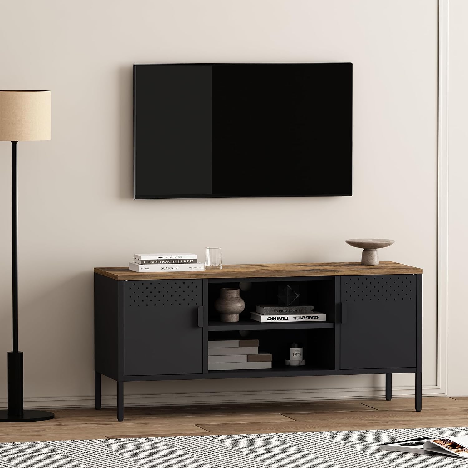 Manhattan Comfort Landen 47' Modern Metal TV Stand with Storage Cabinets & Open Shelves, Holds Up to 40' Screen, TV Console with Natural Wood Top, Cable Management, Adjustable Legs, Black