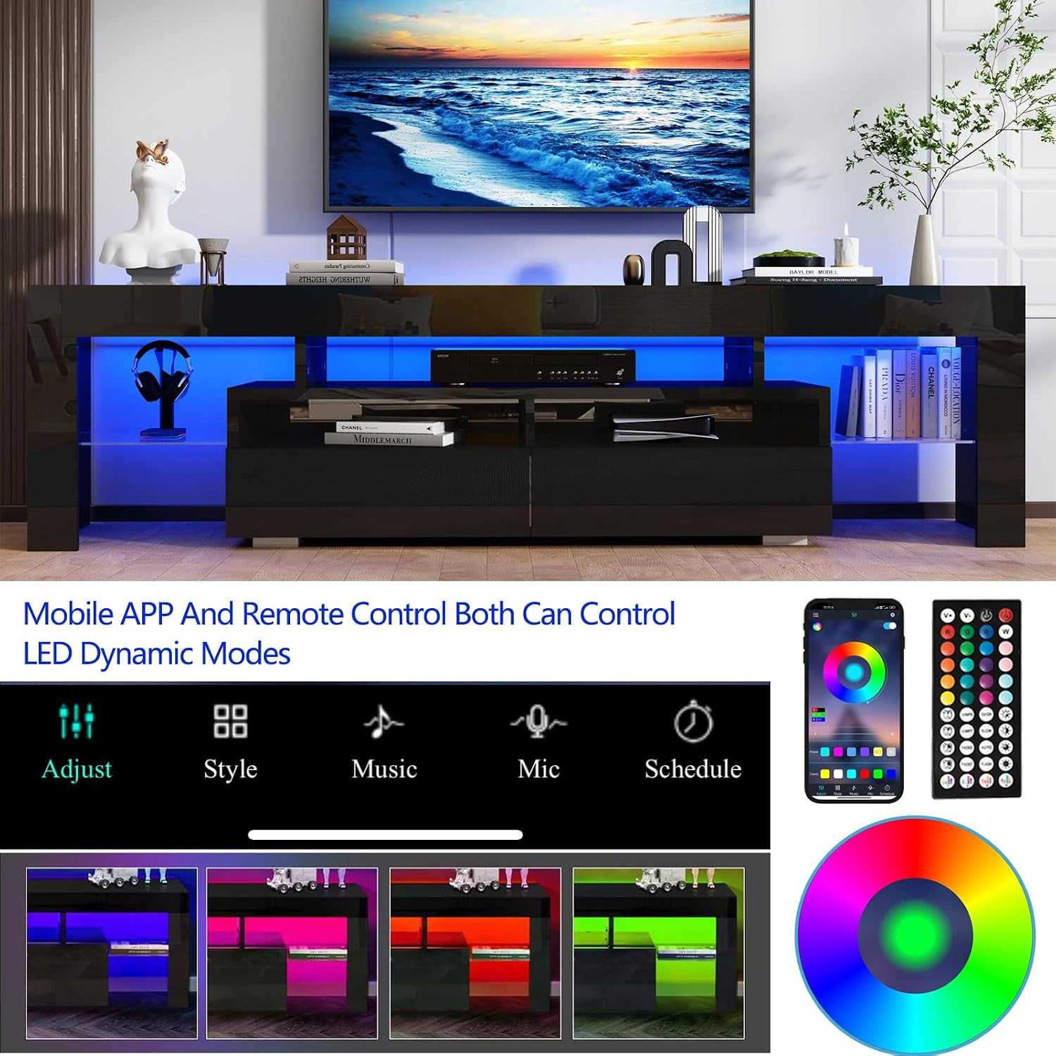 Uspeedy 70in TV Stand for 75/80 inch TV,Modern LED TV Stand for Living Room,Black TV Stands,High Gloss TV Entertainment Center with Storage Drawer,APP RGB Light,TV Console(71in Black)