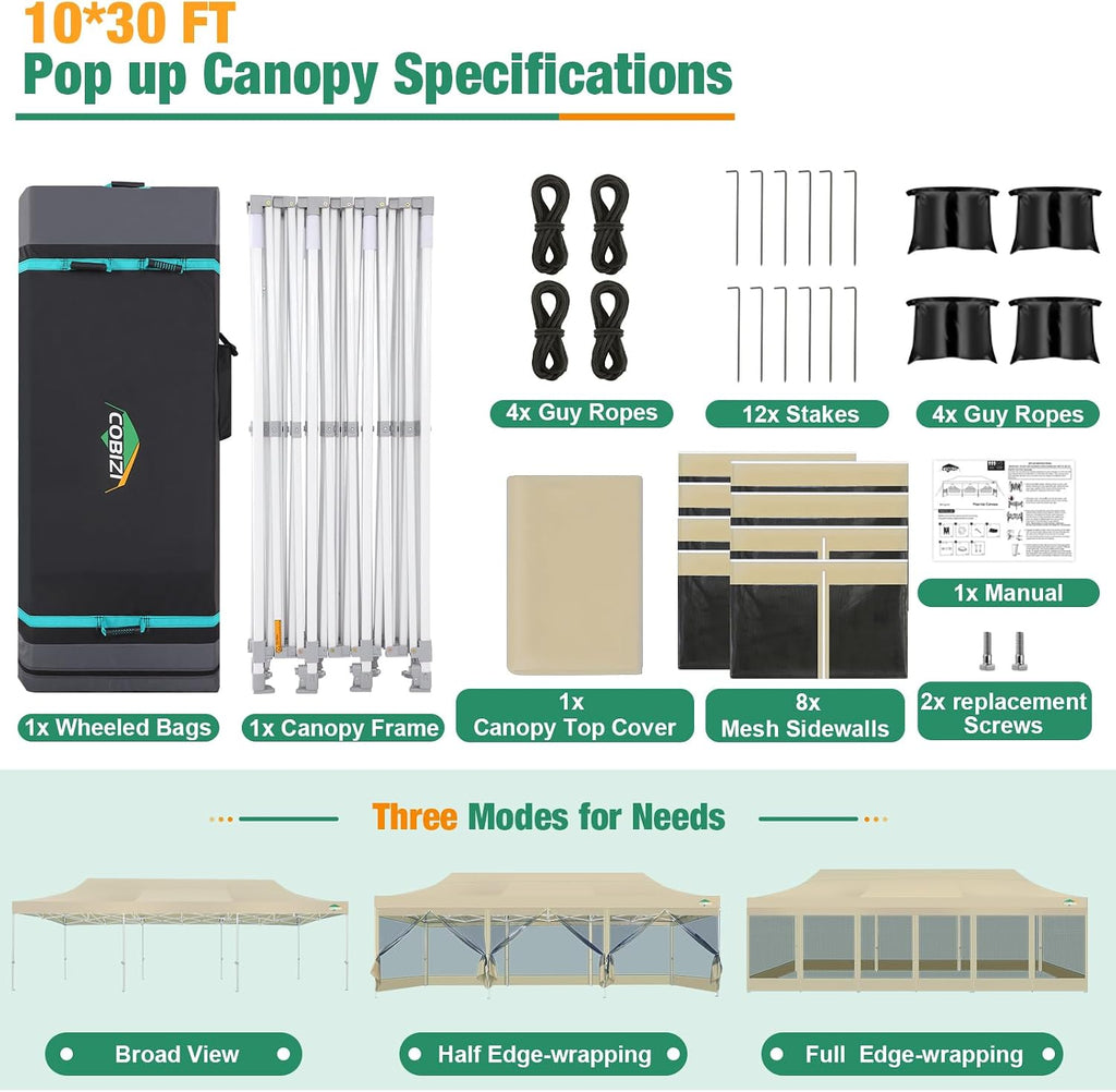COBIZI 10x30 Canopy Tent, Heavy Duty Pop up Canopy with Sidewalls, Waterproof Easy Setup Tent with Mosquito Netting, Outdoor Instant Screen Tents for Parties, Wedding with Roller Bag, Khaki