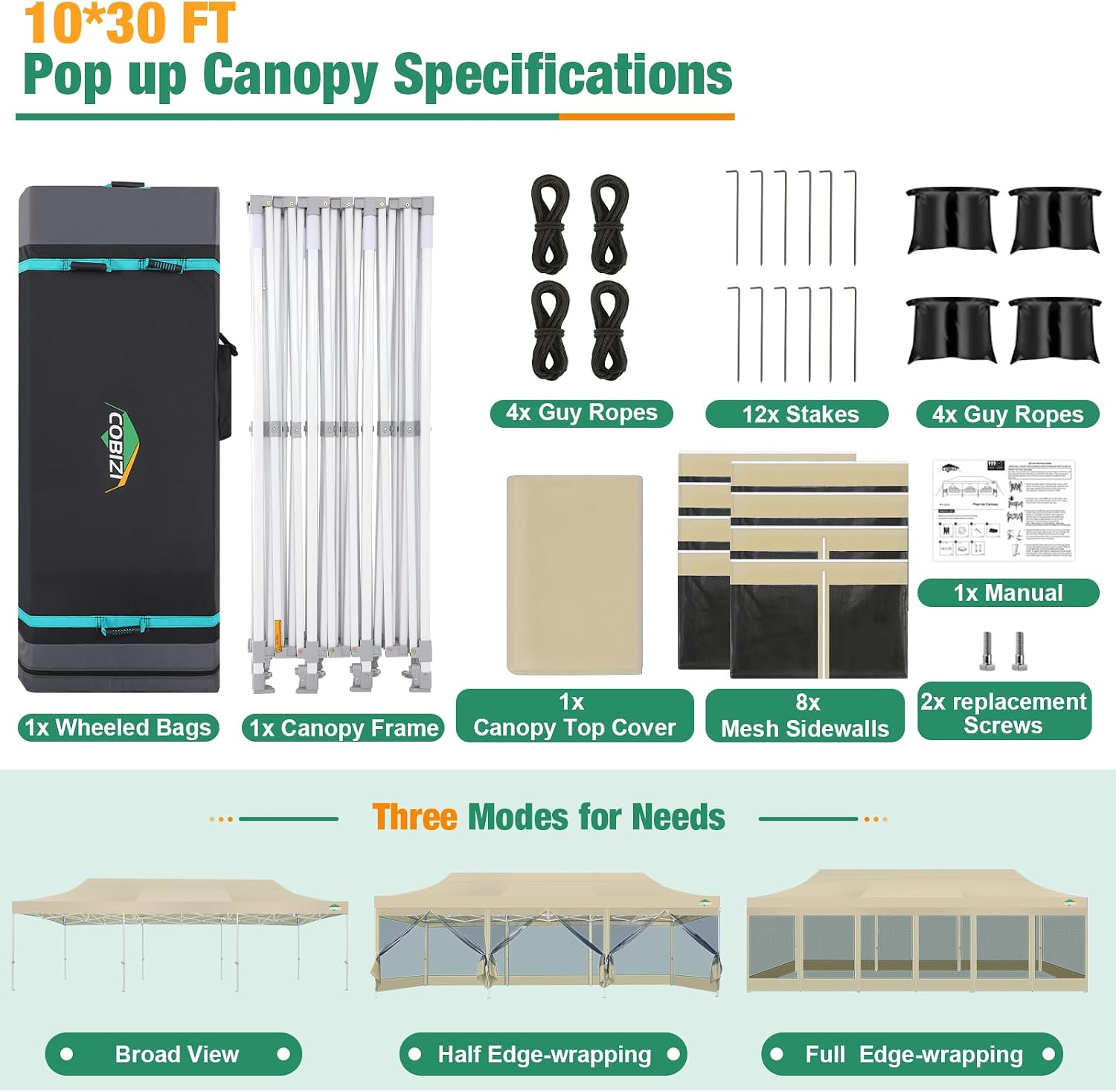 COBIZI 10x30 Canopy Tent, Heavy Duty Pop up Canopy with Sidewalls, Waterproof Easy Setup Tent with Mosquito Netting, Outdoor Instant Screen Tents for Parties, Wedding with Roller Bag, Khaki