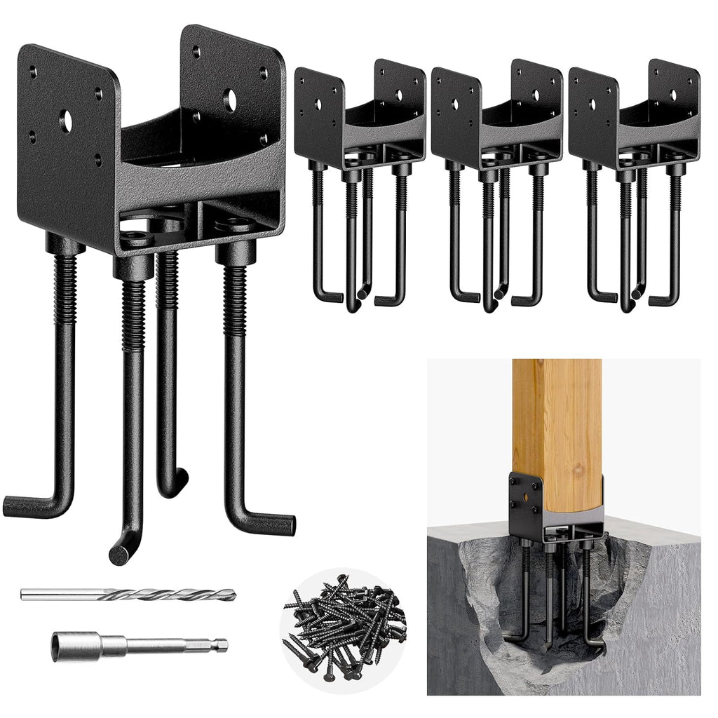 Stainless Steel Post Base Anchor Bracket for 4'x4' Post with Air Flow Channel, U-Shaped Post Holder Bracket with Rebars Working in Concrete Foundation, 4Pack [Patent Pending]