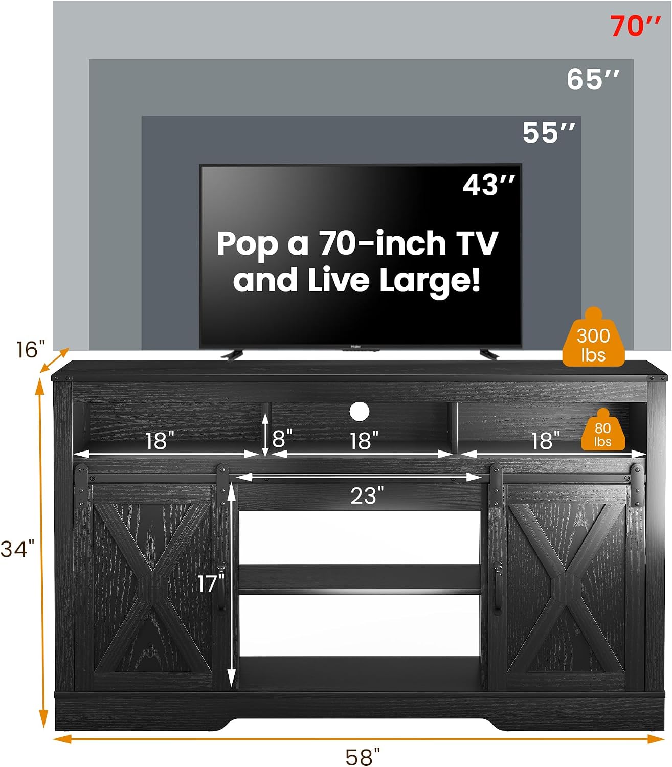 RoyalCraft Farmhouse TV Stand for 65+ Inch TV, Tall Entertainment Center with Storage Cabinets and Sliding Barn Doors, Mid Century Modern Media TV Console Table for Living Room (Rustic Black)