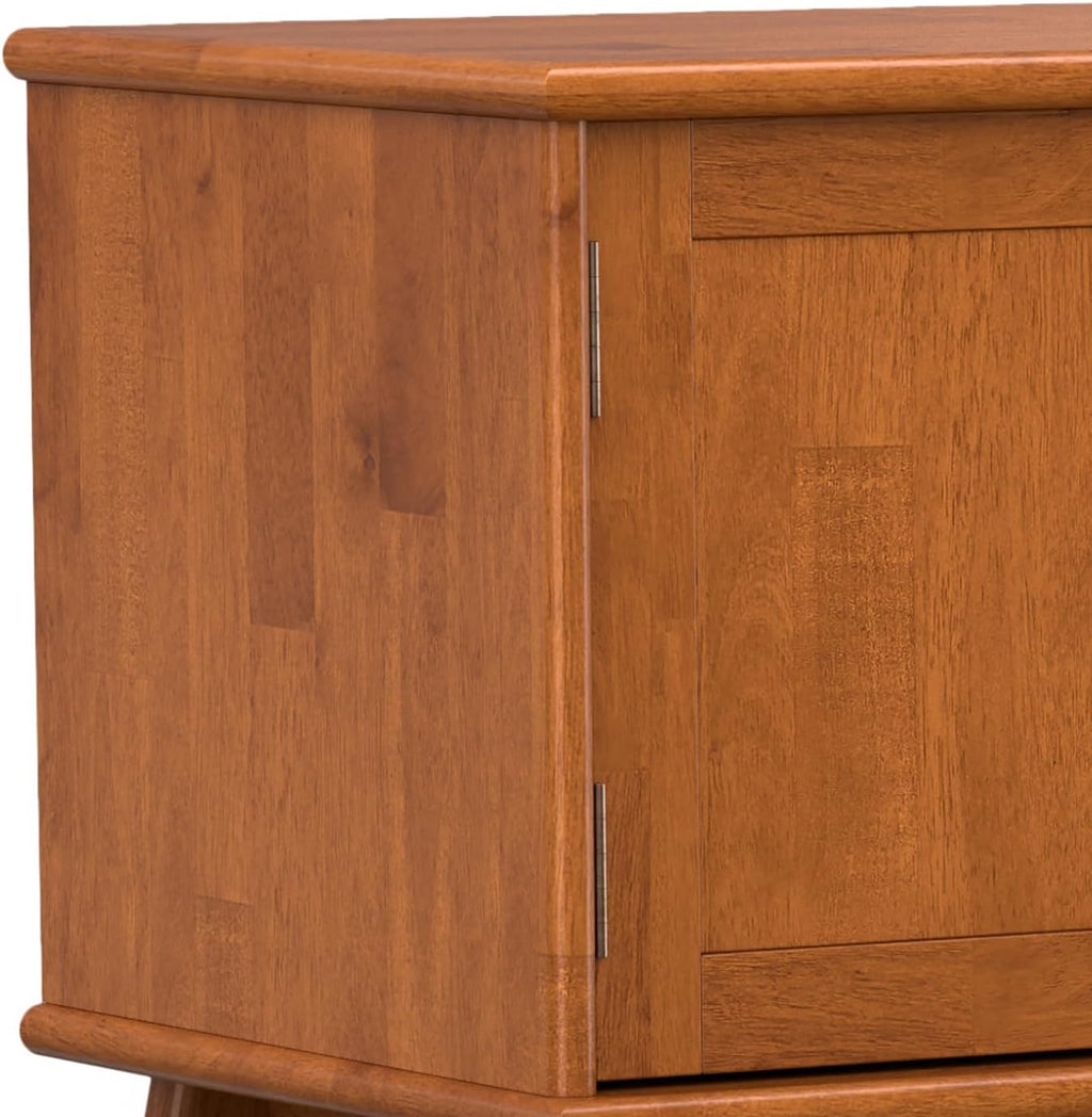 SIMPLIHOME Draper TV Stand - 72 inch Wide Solid Wood Media Console in Teak Brown, Mid Century Modern Entertainment Center for Living Room for TVs up to 80 Inches with Cabinets and Cable Management