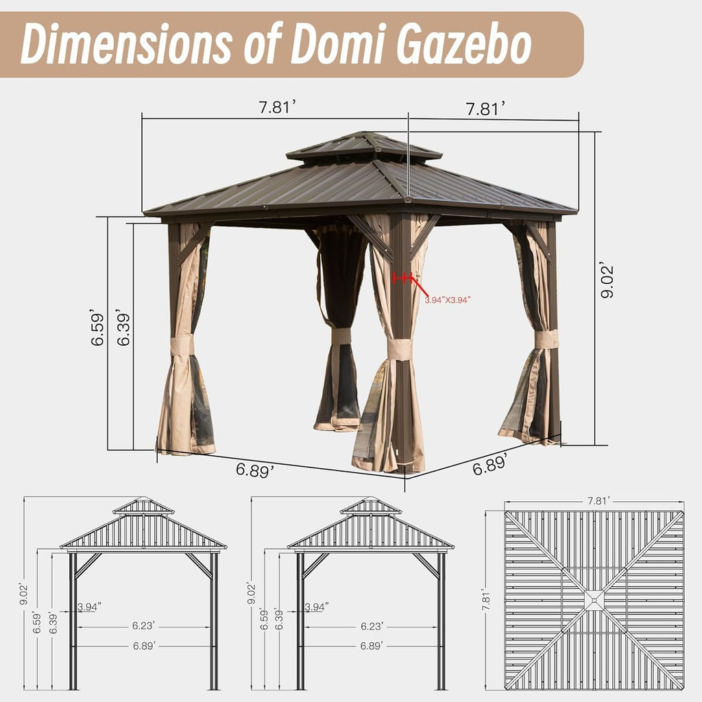 Domi 8x8FT Hardtop Gazebos, Aluminum Metal Gazebo with Galvanized Steel Double Roof Canopy, Curtain and Netting, Permanent Gazebo Pavilion for Patio, Backyard, Deck and Lawn, Brown