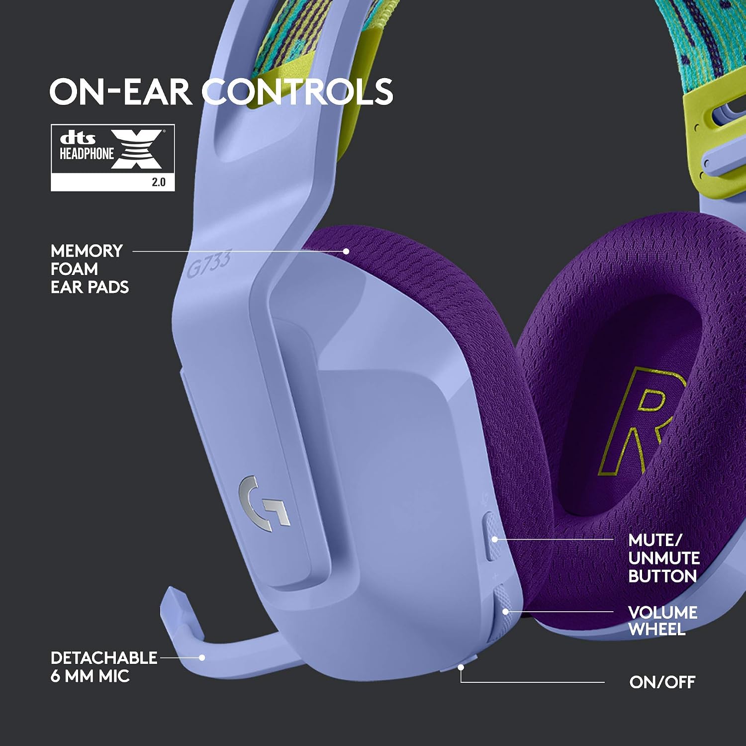 Logitech G733 Lightspeed Wireless Gaming Headset with Suspension Headband, LIGHTSYNC RGB, Blue VO!CE mic Technology and PRO-G Audio Drivers - Lilac